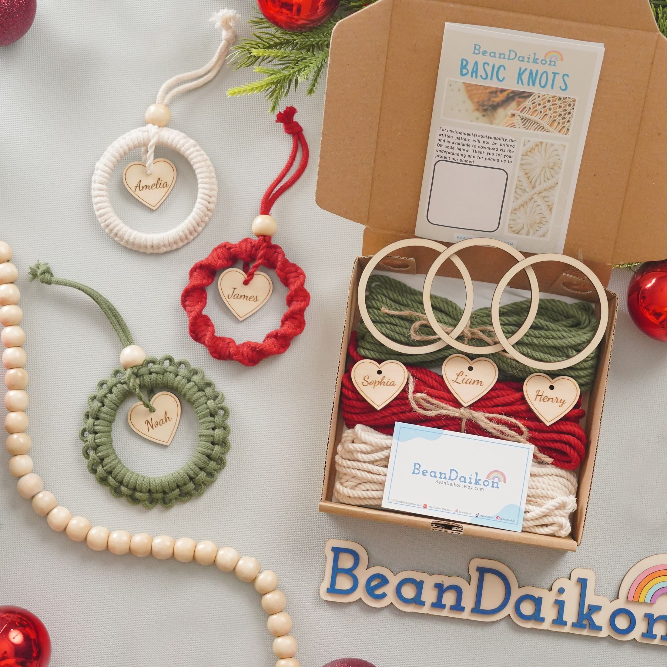 DIY Christmas Wreath Trio Kit – Personalized Macrame Ornament Set K66