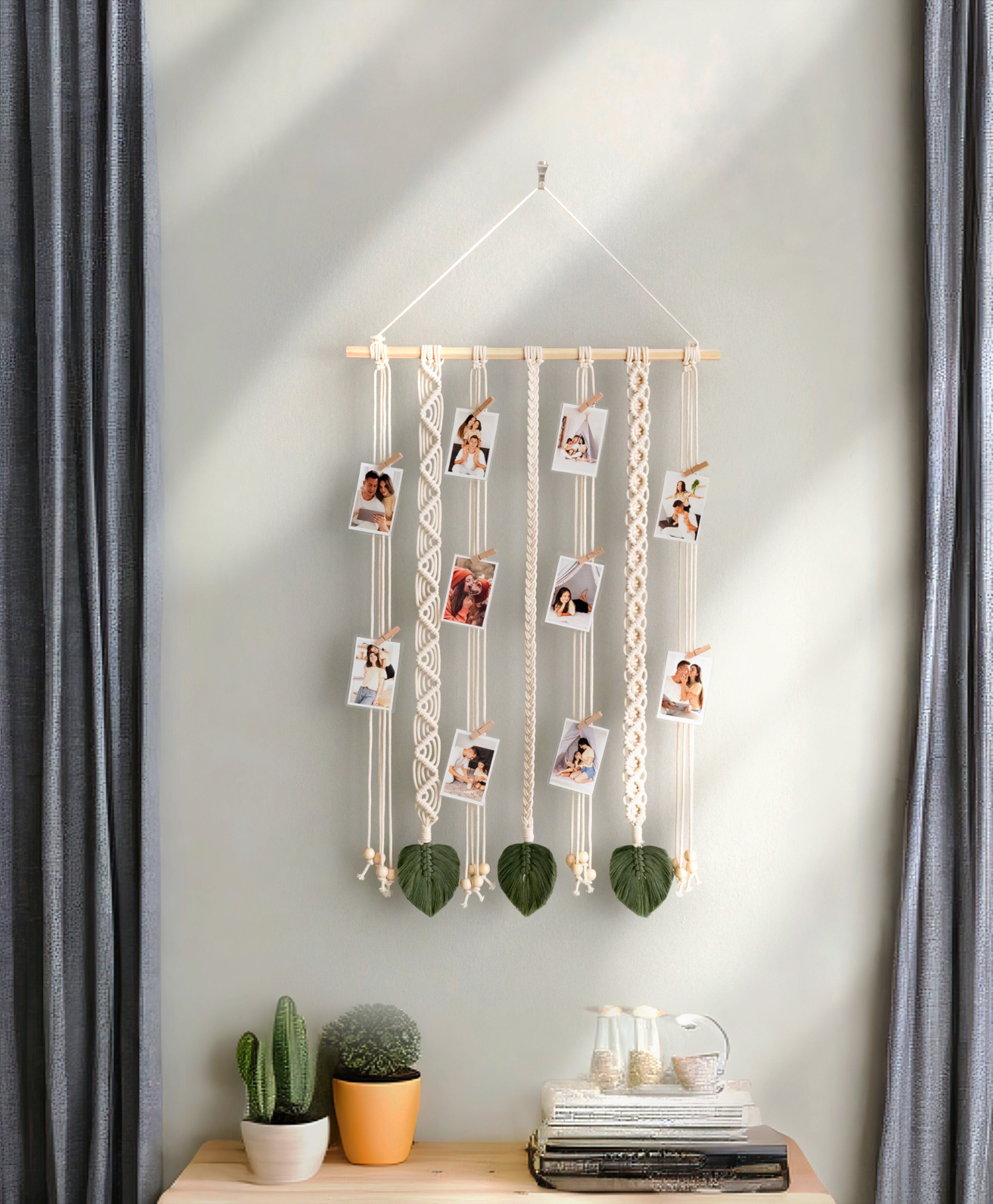 Macrame Photo Display with Leaves – Boho Polaroid Wall Hanger I44