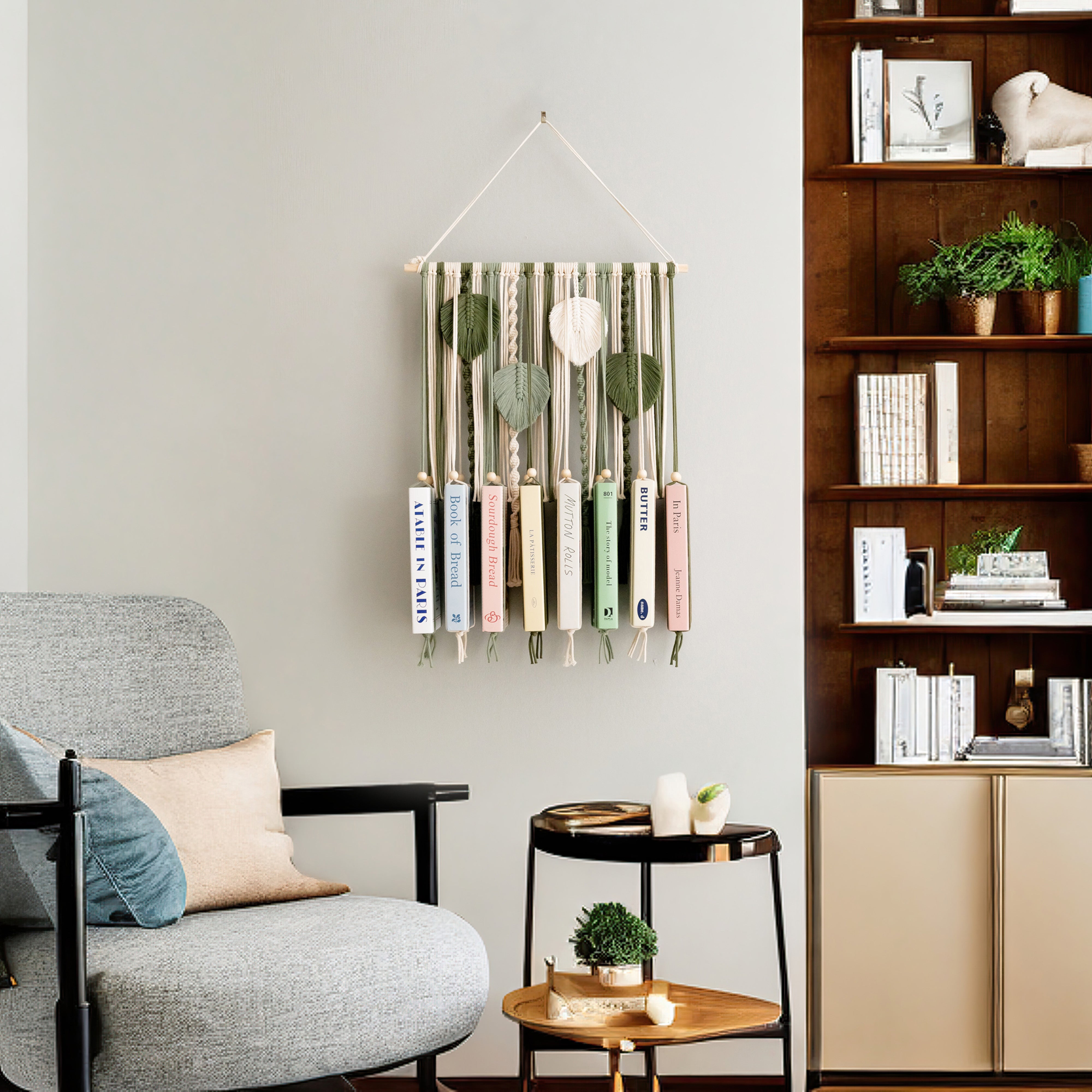 Macrame Book Organizer – Hanging Wall Bookshelf for Kids Room I62