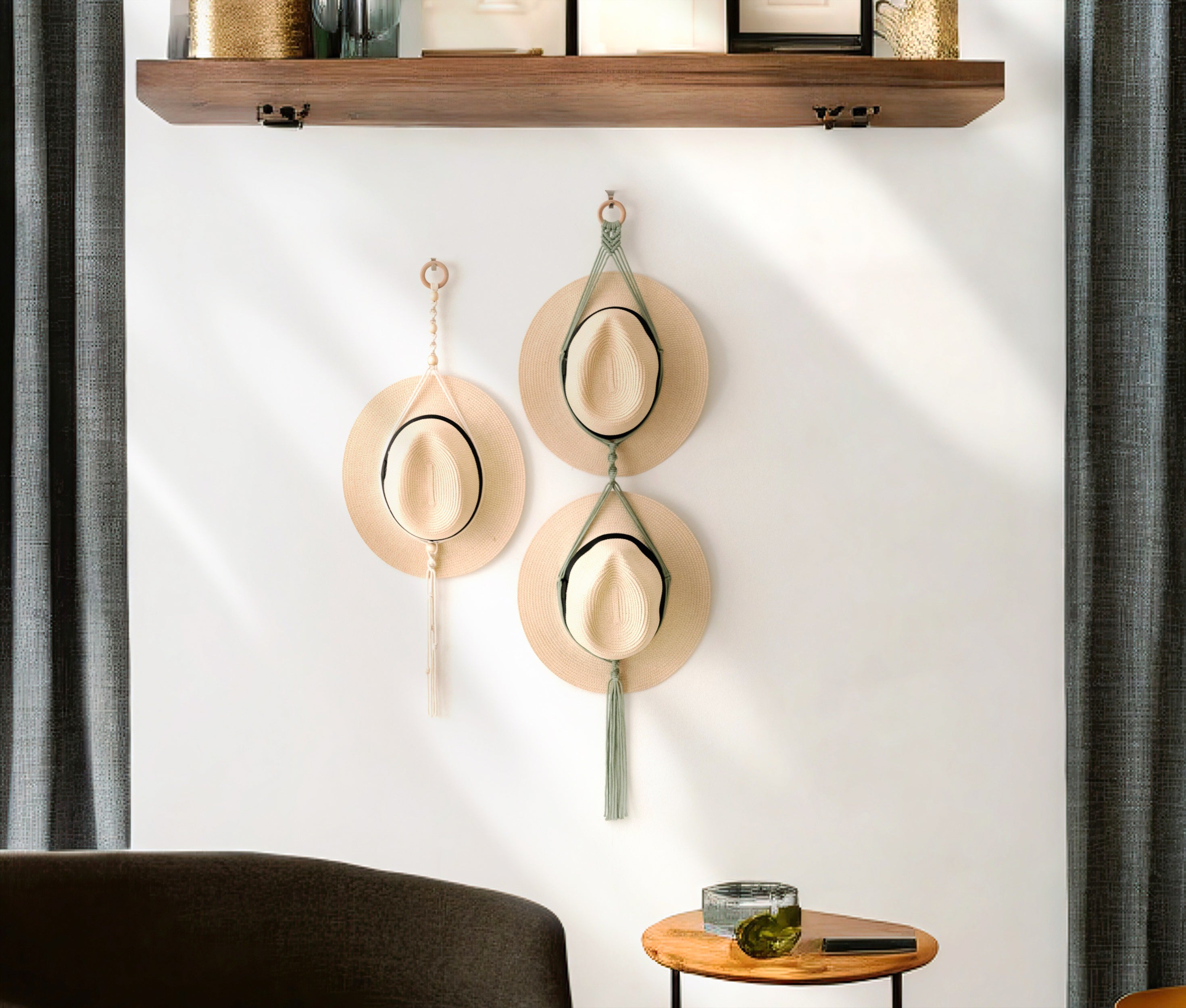 Macrame Hat Hanger with Wooden Ring for Wall Hat Storage I50