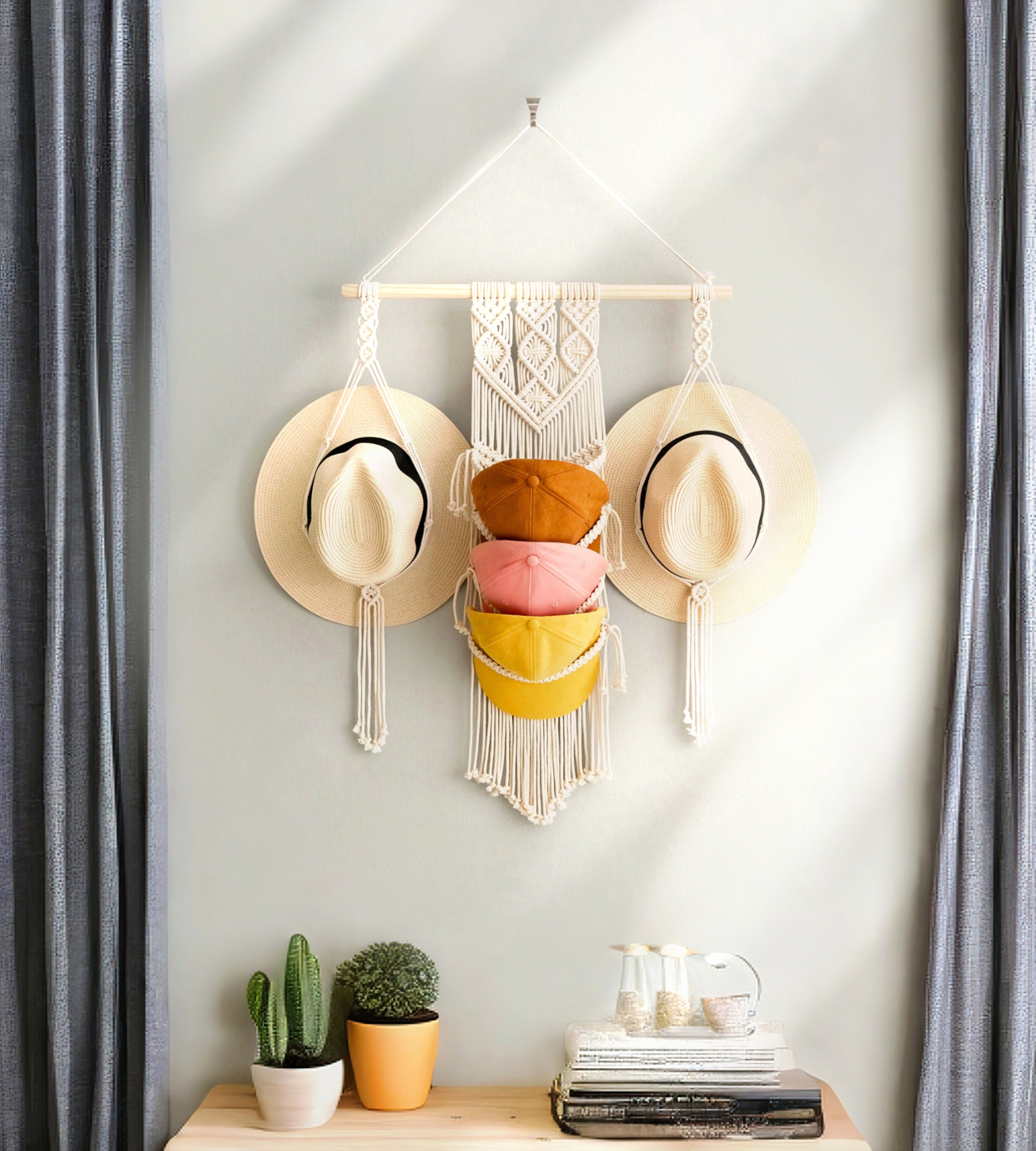 Macrame Hat and Cap Holder – Boho Wall Organizer Display I53