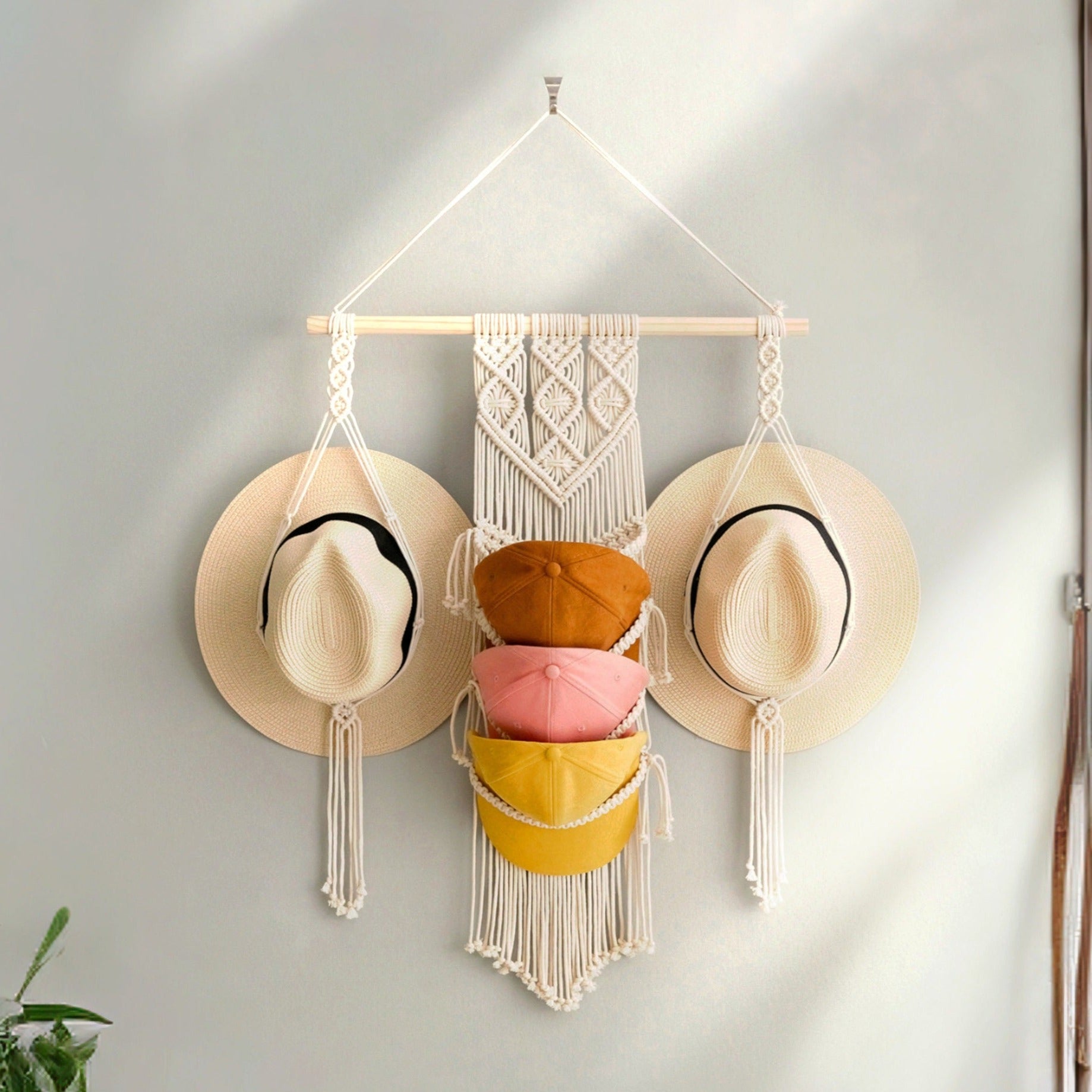 Macrame Hat and Cap Holder – Boho Wall Organizer Display I53