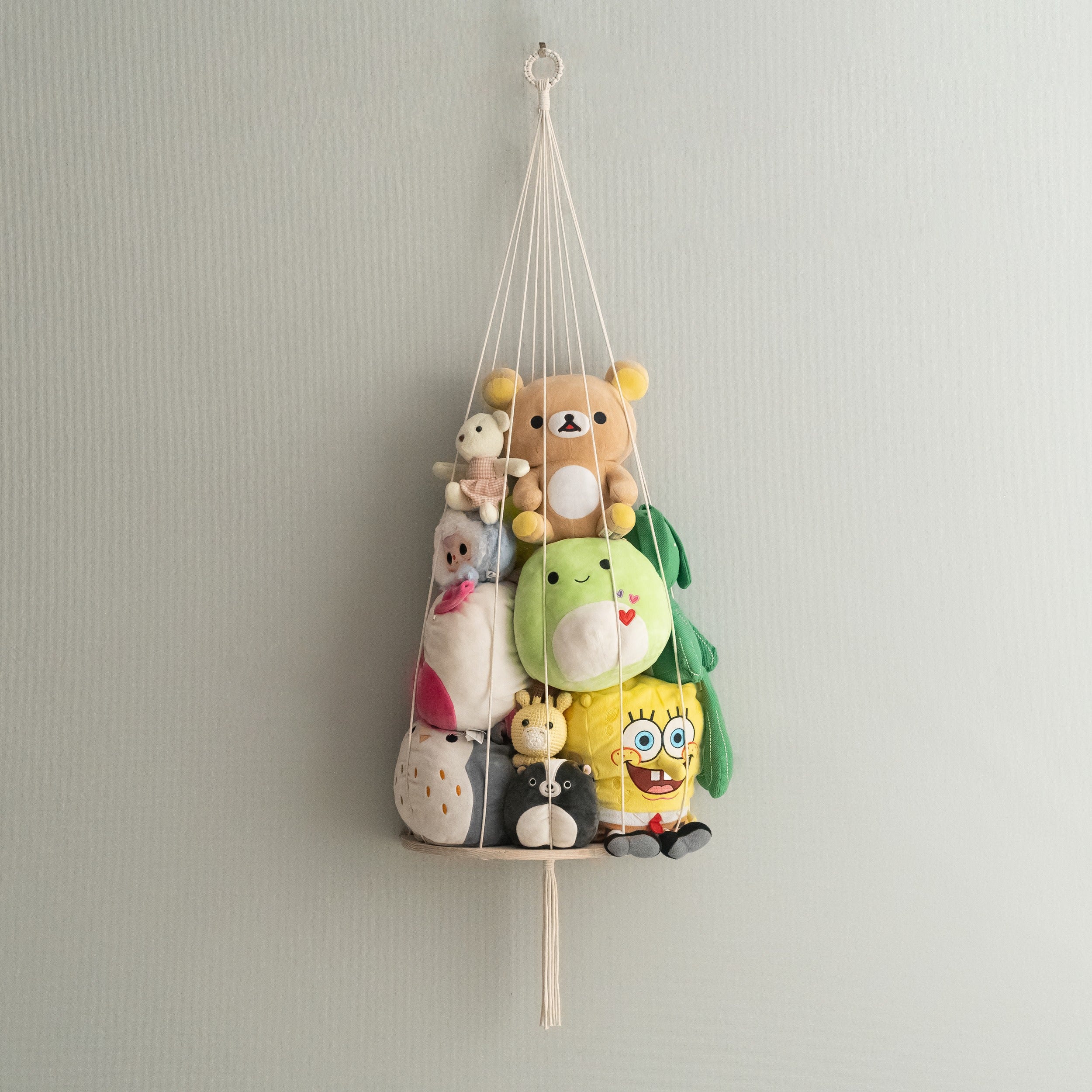 Macrame Toy Hammock with Wood Shelf for Stuffed Animal Storage I94