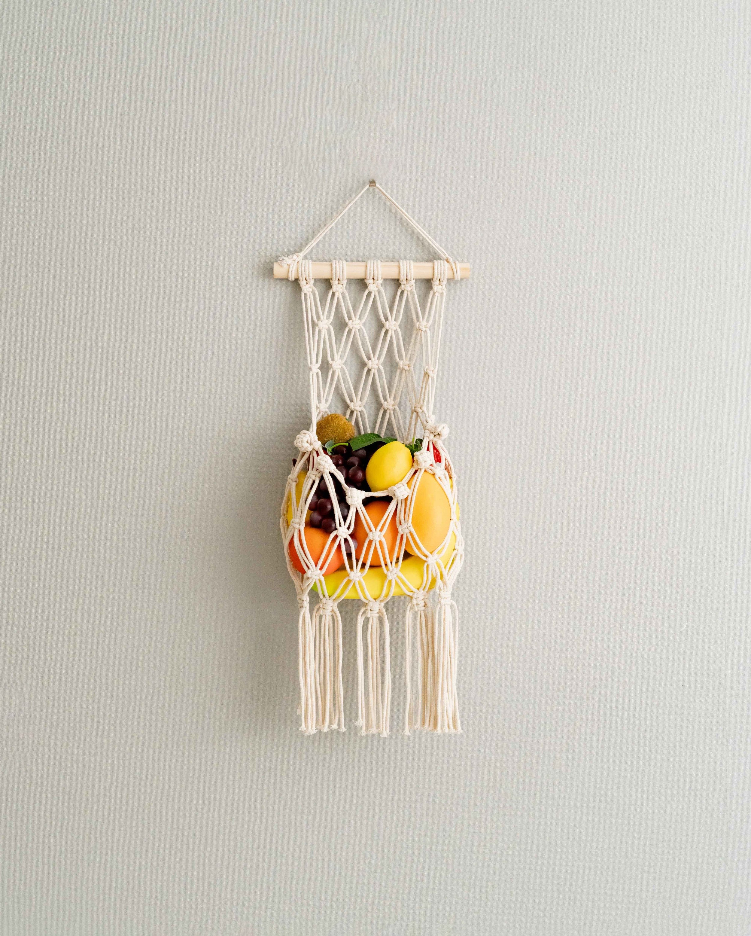 Macrame Fruit Wall Hanger – Boho Cotton Rope Organizer I38