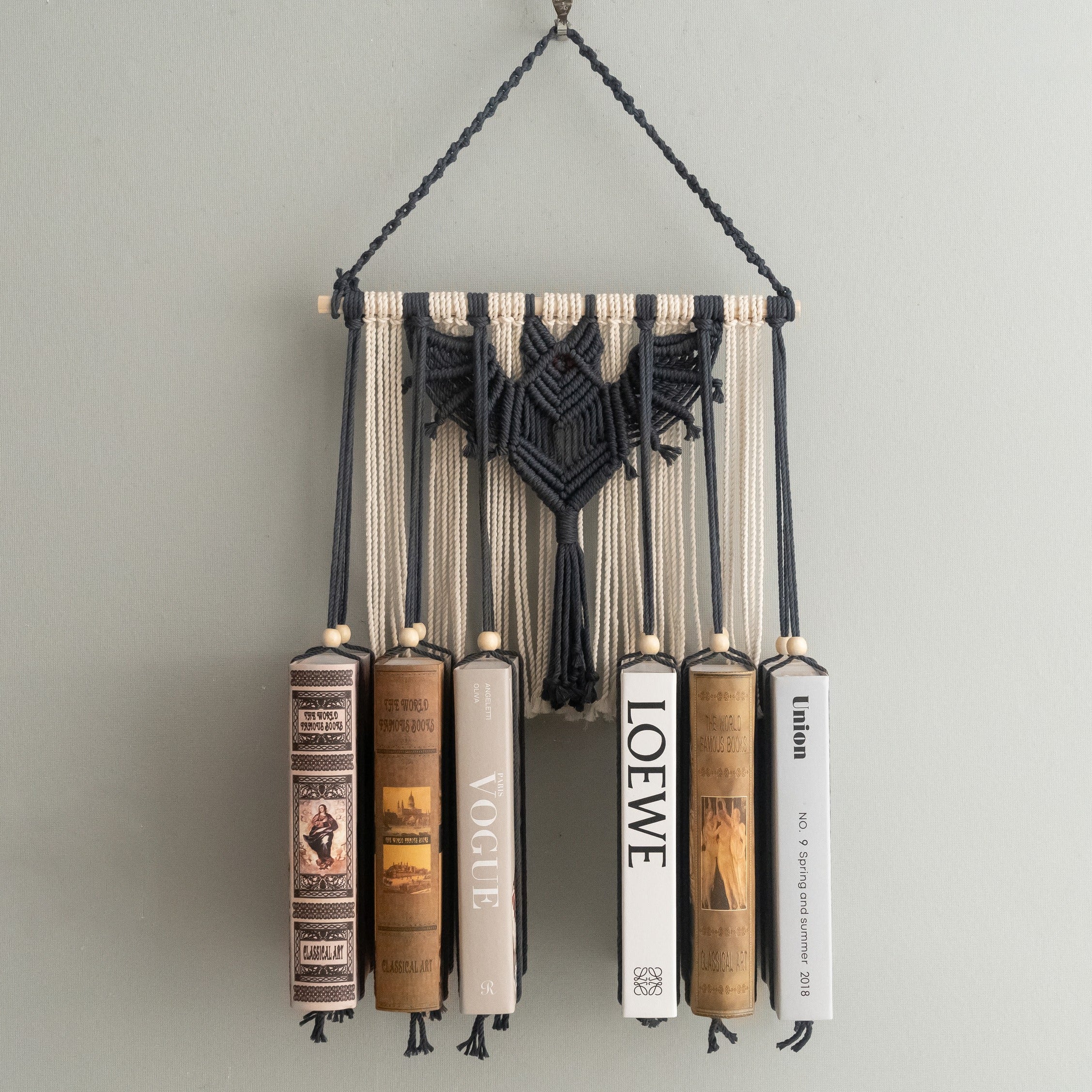Macrame Bat-Inspired Wall Book Holder – Hanging Bookshelf Organizer H19