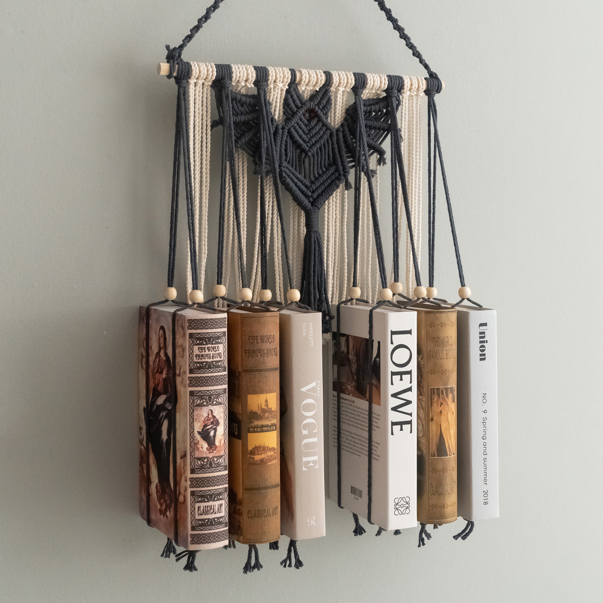 Macrame Bat-Inspired Wall Book Holder – Hanging Bookshelf Organizer H19