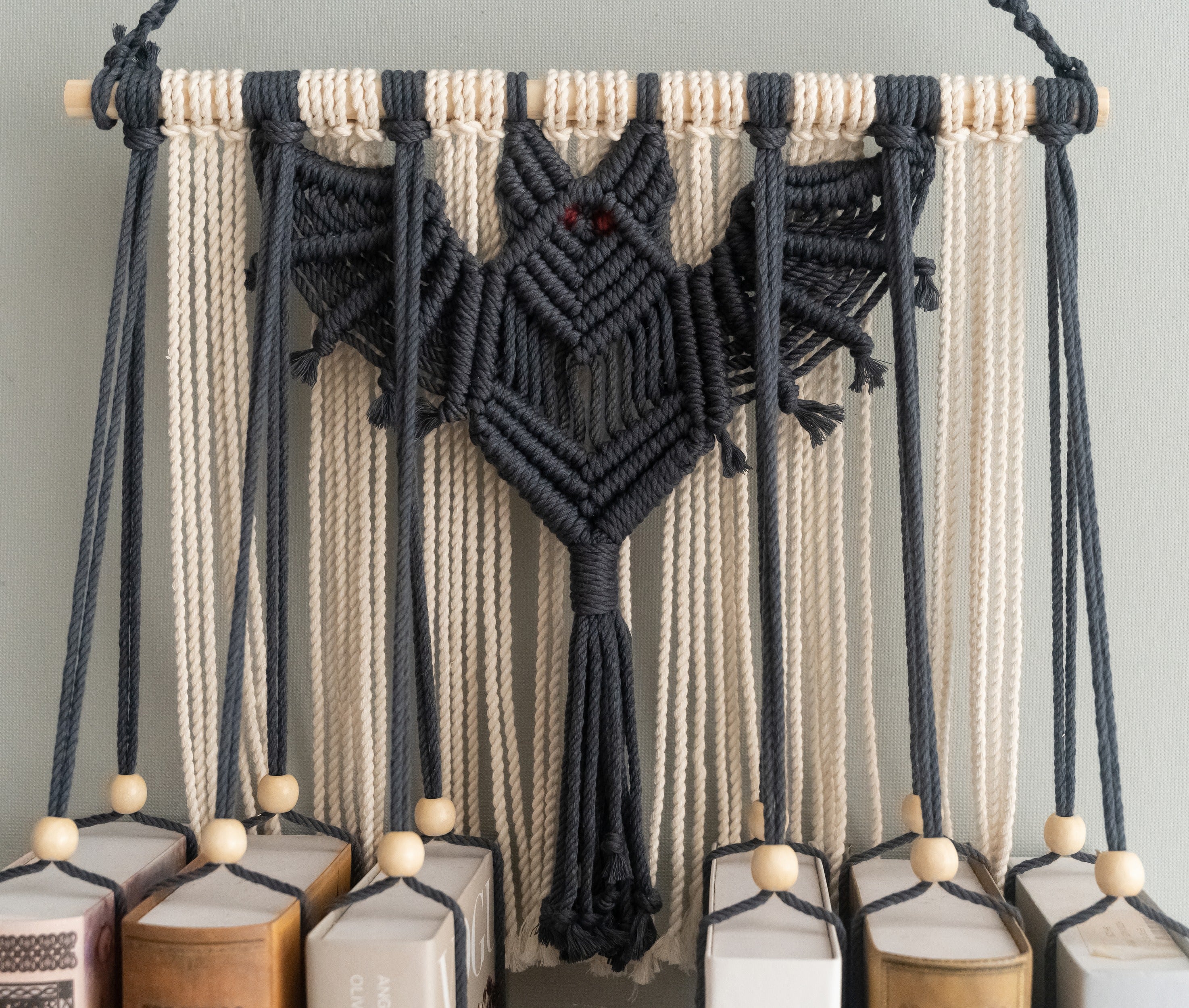 Macrame Bat-Inspired Wall Book Holder – Hanging Bookshelf Organizer H19