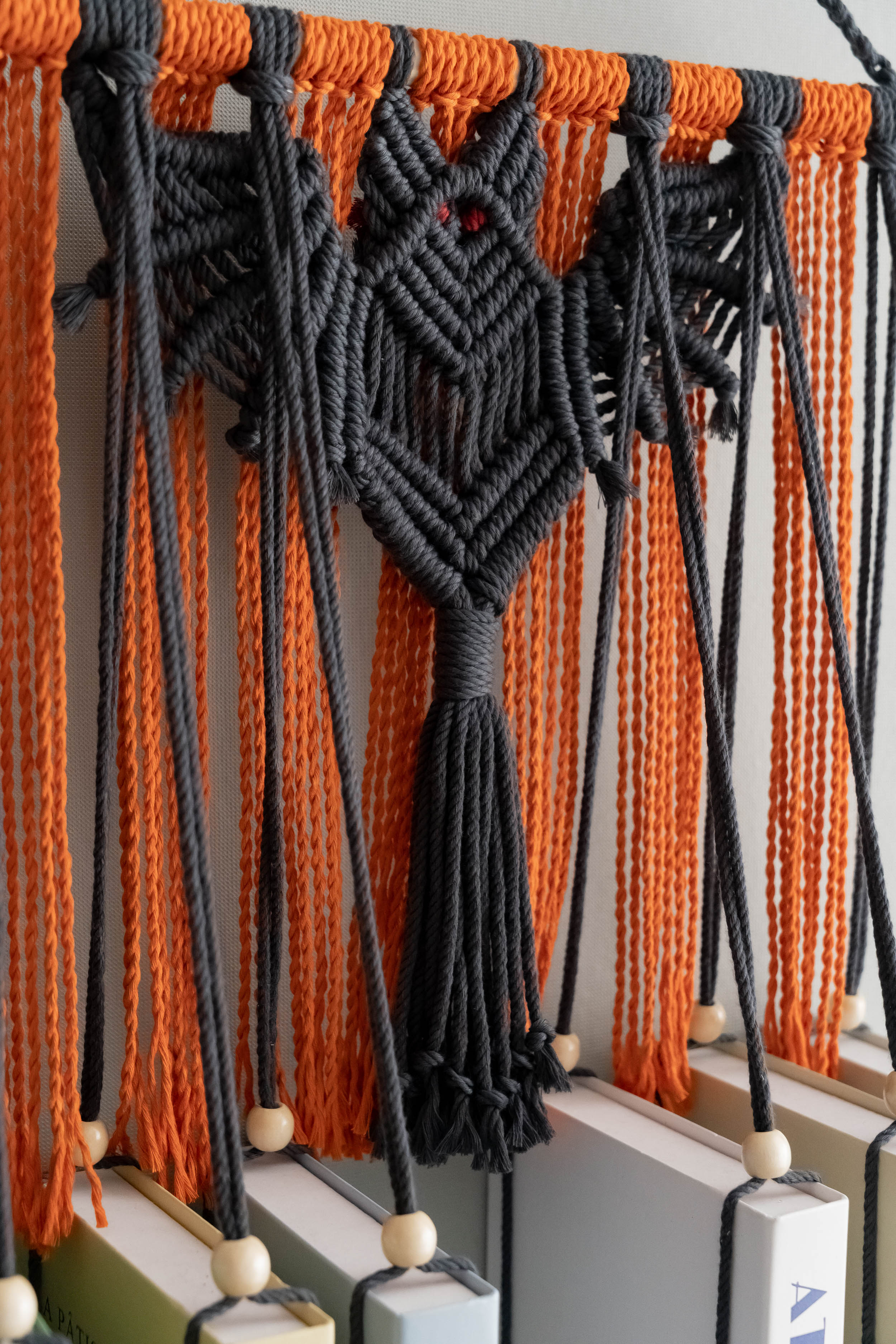 Macrame Bat-Inspired Wall Book Holder – Hanging Bookshelf Organizer H19