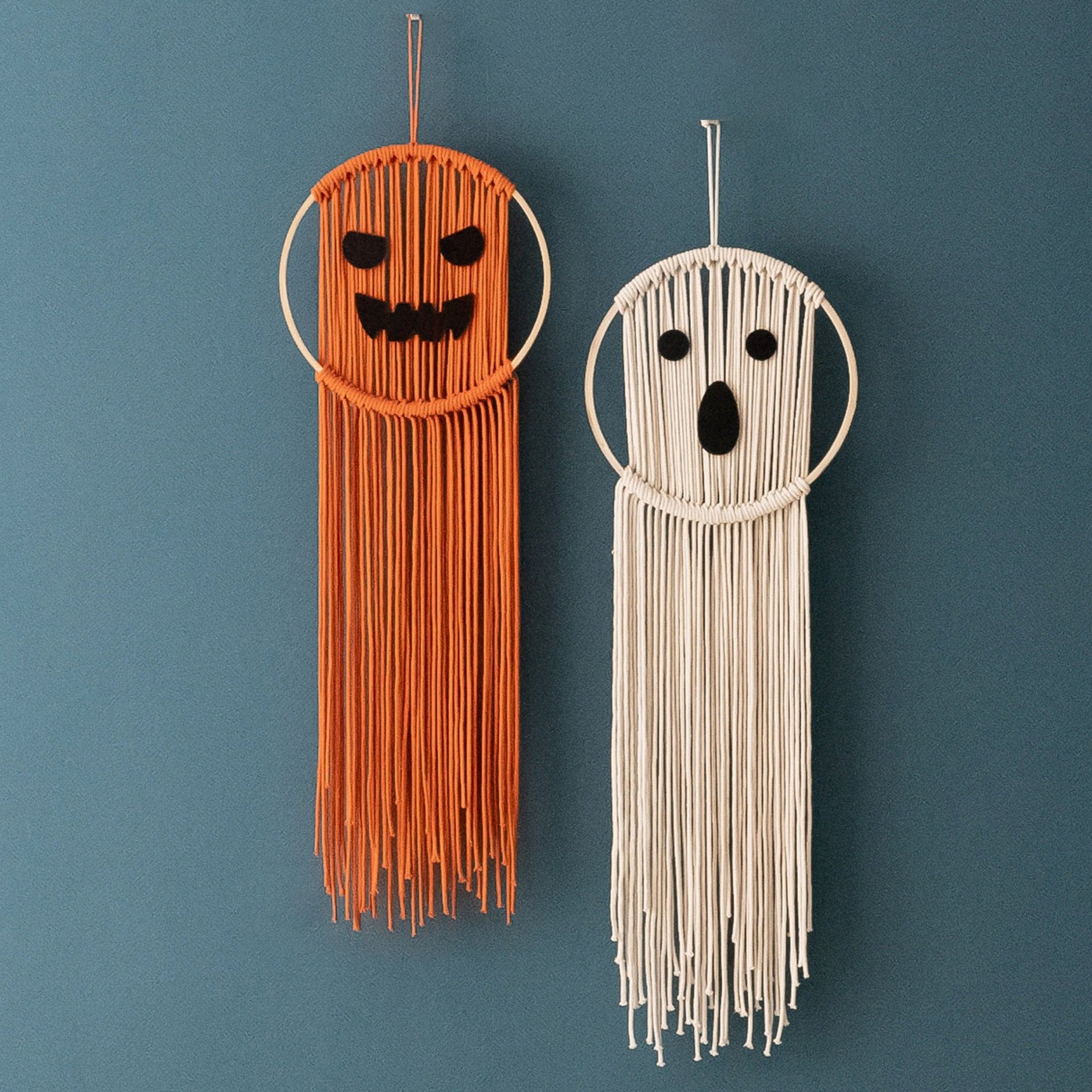 Macrame Pumpkin Ghost – Cotton Halloween Wall Hanging Decor V74