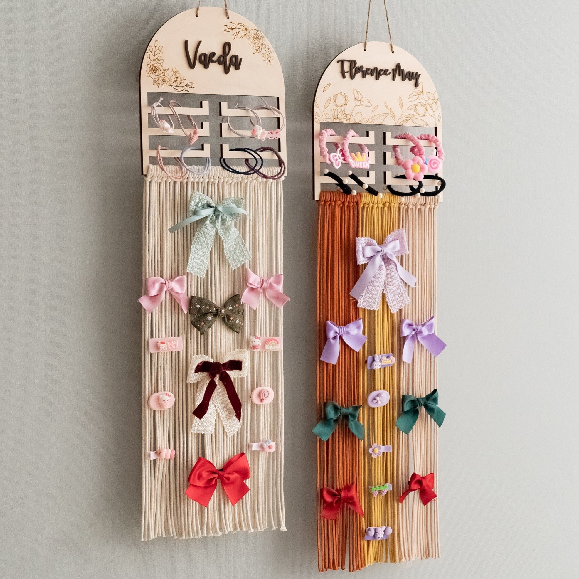 Personalized Macrame Bow Holder - Wooden Wall Organizer for Girls H97