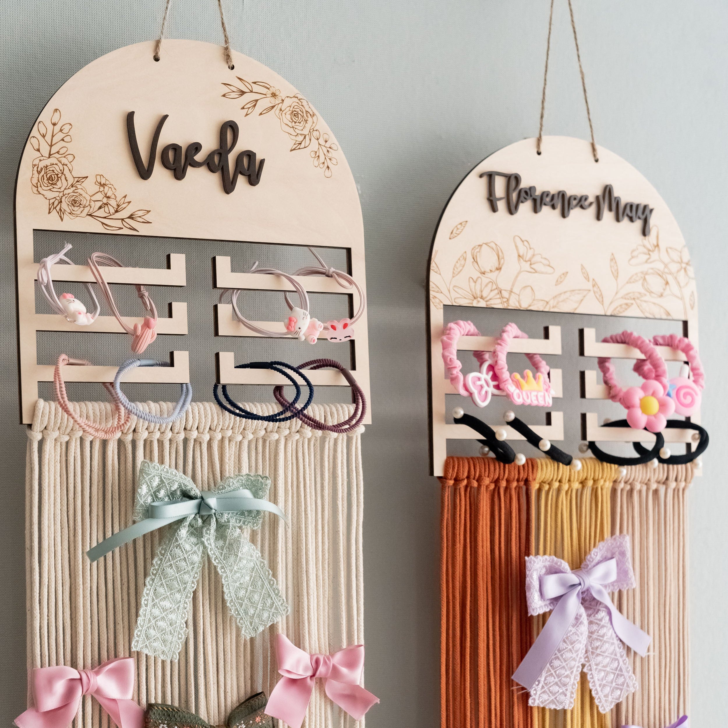Personalized Macrame Bow Holder - Wooden Wall Organizer for Girls H97
