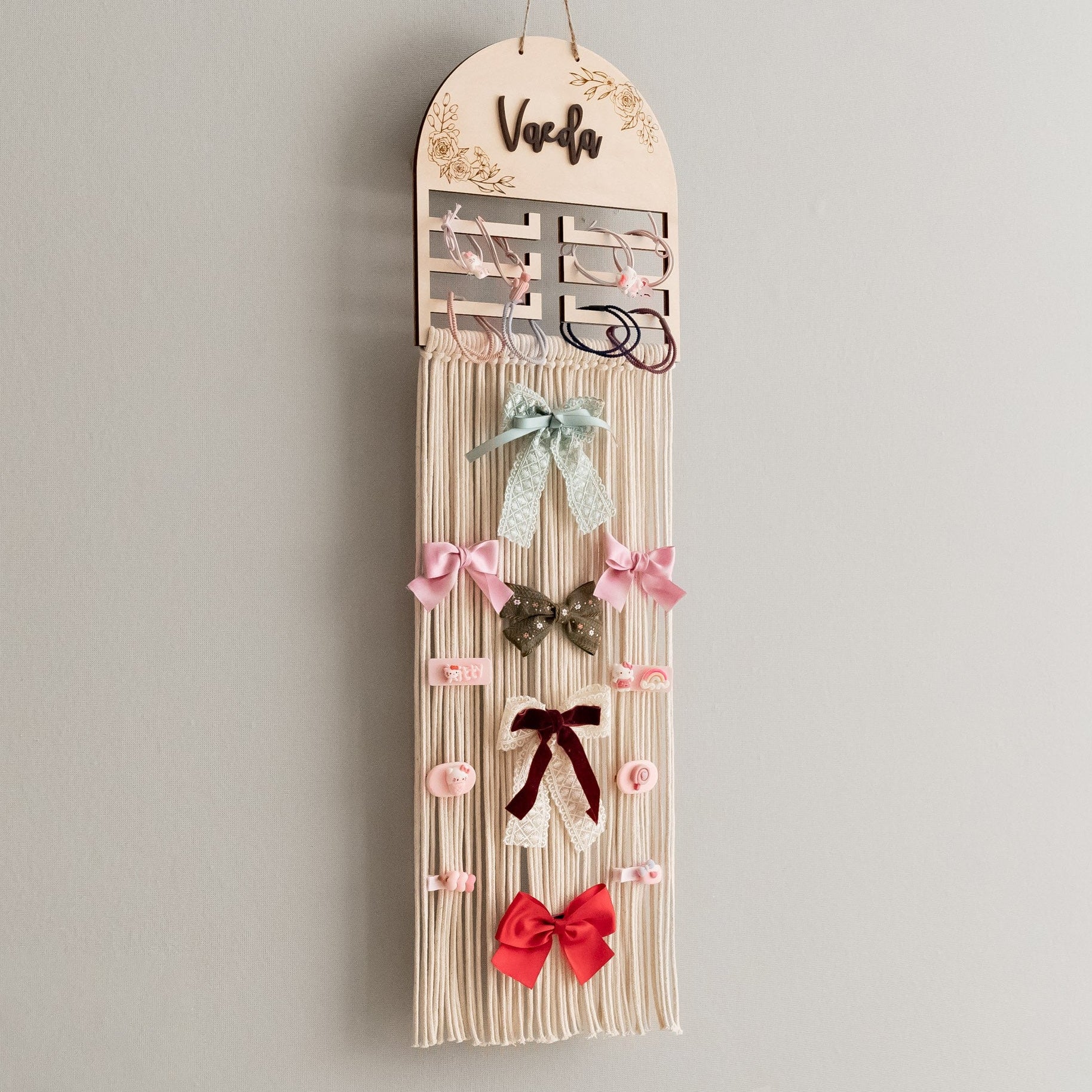 Personalized Macrame Bow Holder - Wooden Wall Organizer for Girls H97