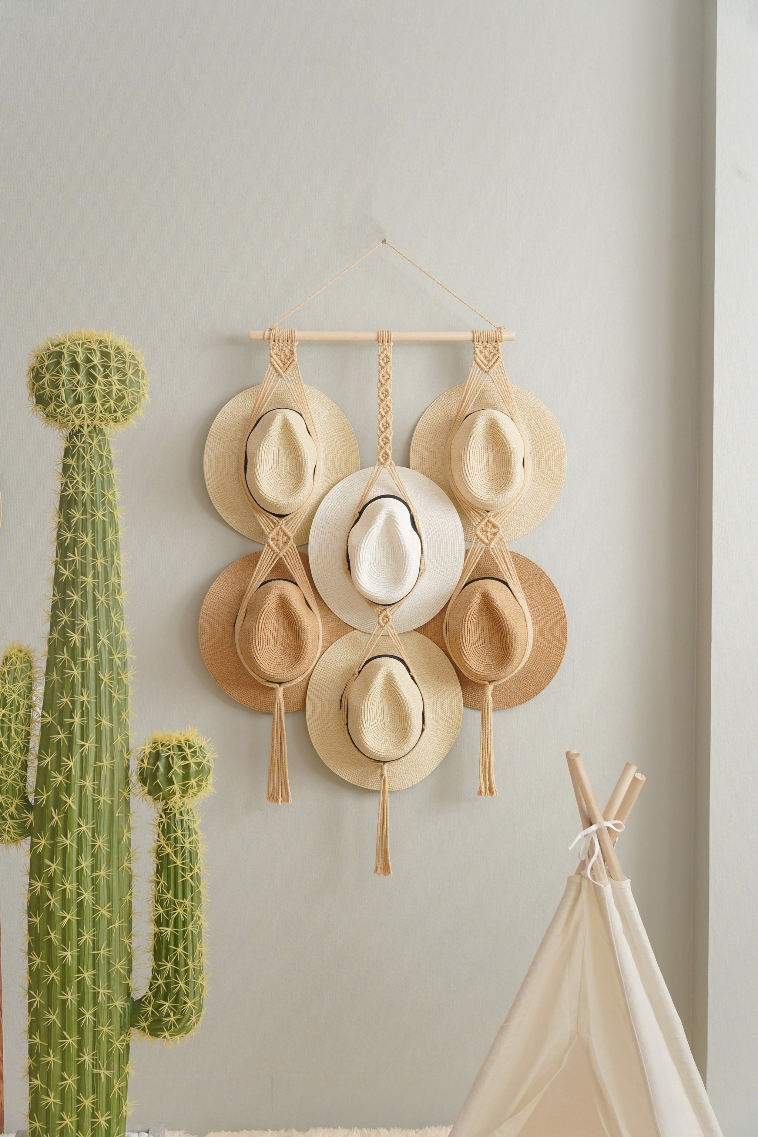 Macrame Hat Organizer Combo – Hanging Wall Hat Holder Boho Decor H12
