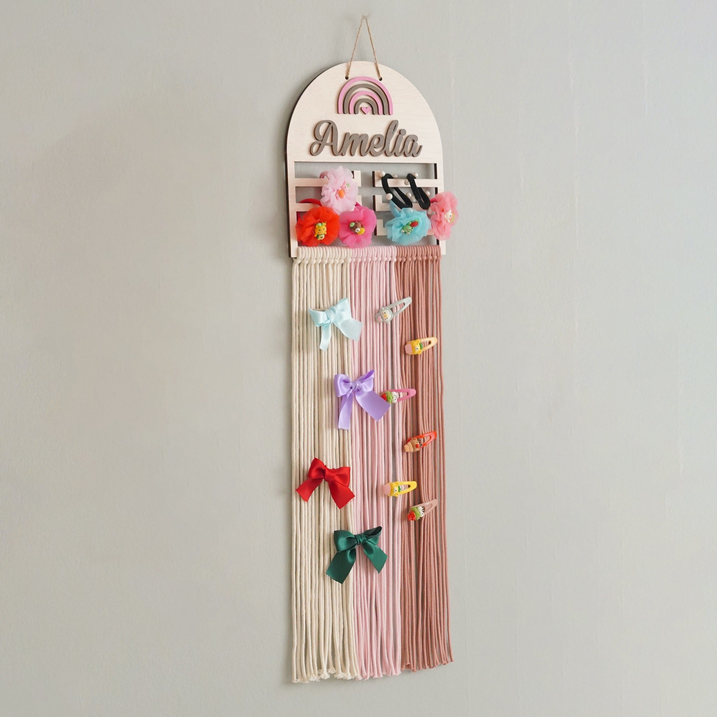 Personalized Macrame Bow Holder wood for Nursery Wall Decor H74
