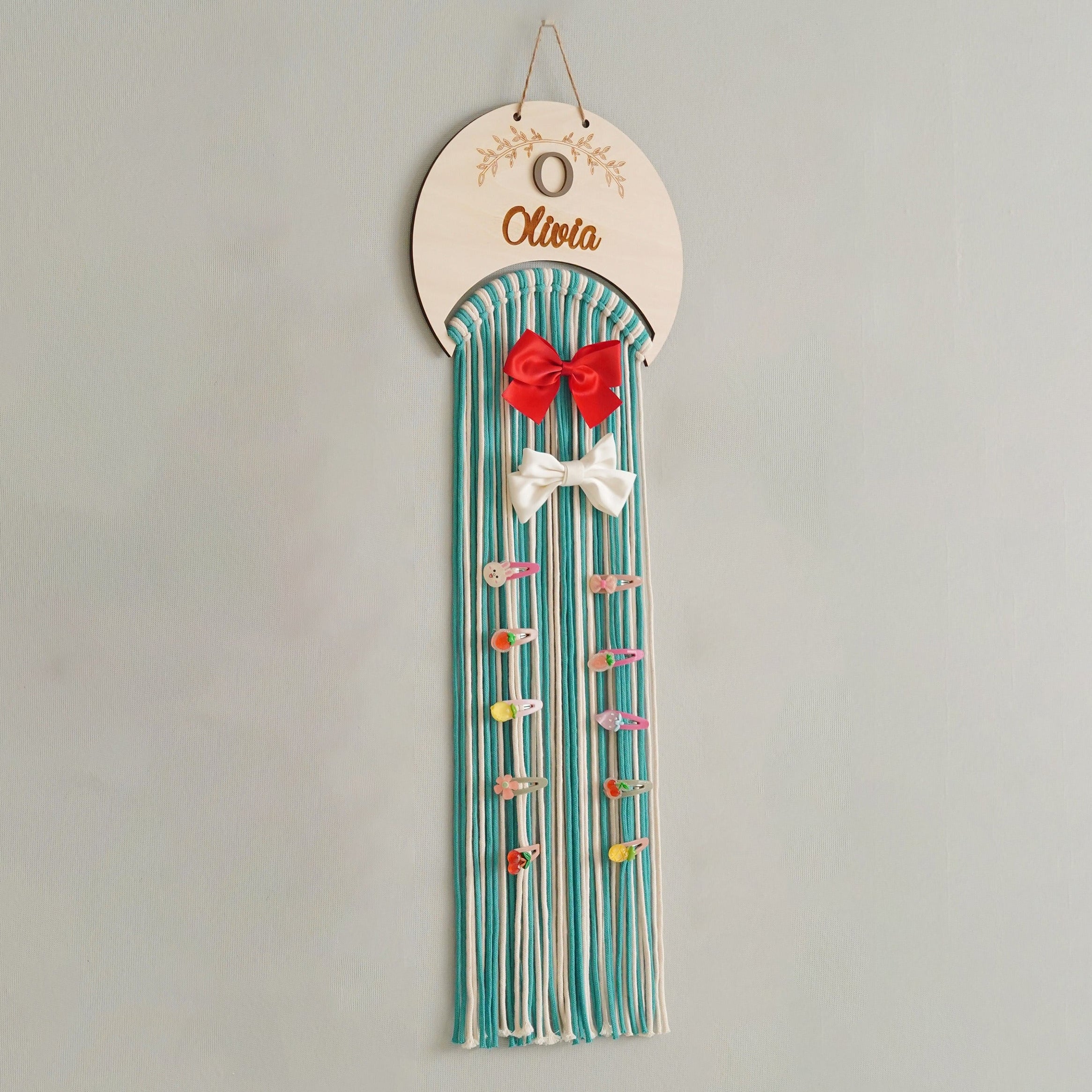Personalized Macrame Bow Holder wood and Wall Hair Organizer H74