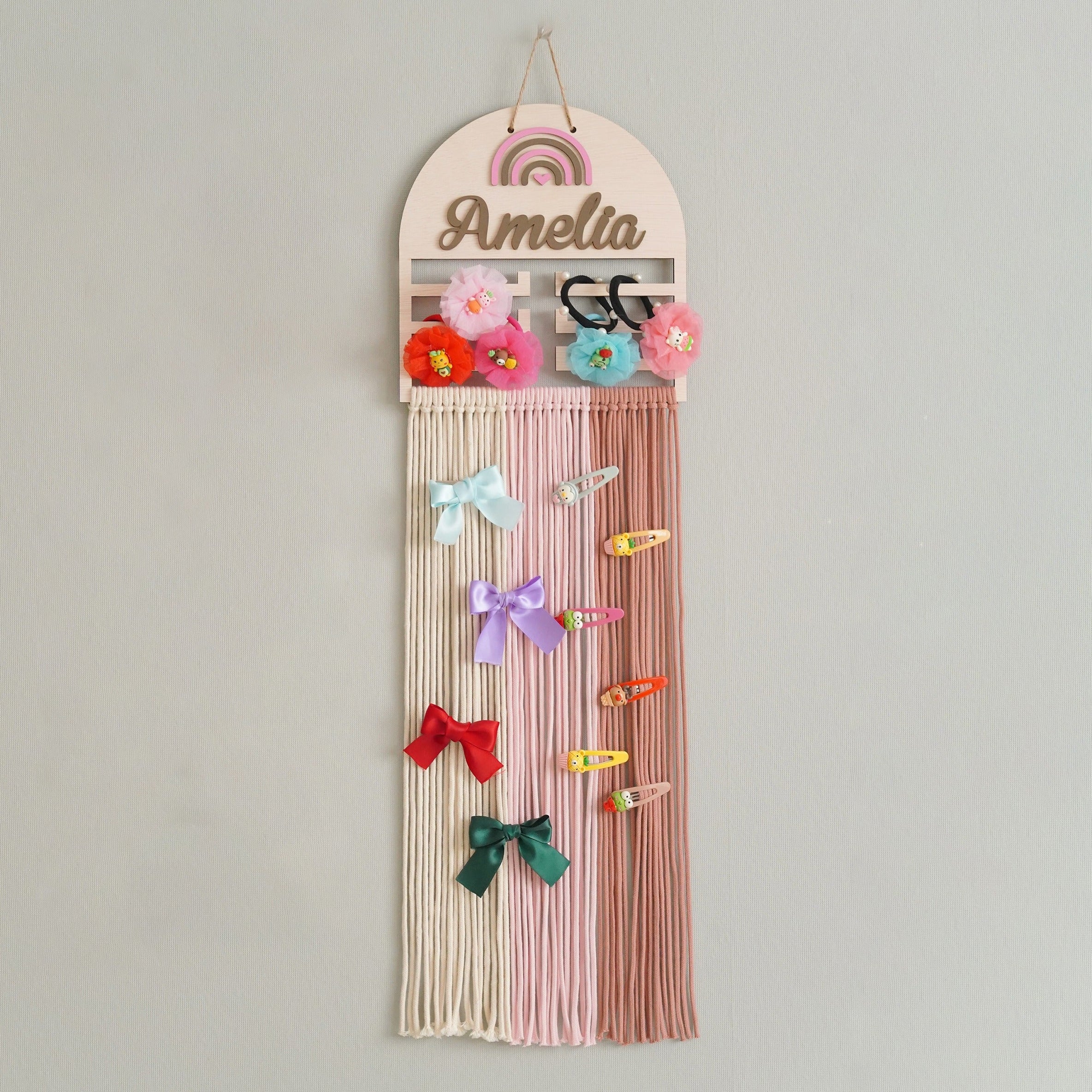 Personalized Macrame Bow Holder wood for Nursery Wall Decor H74