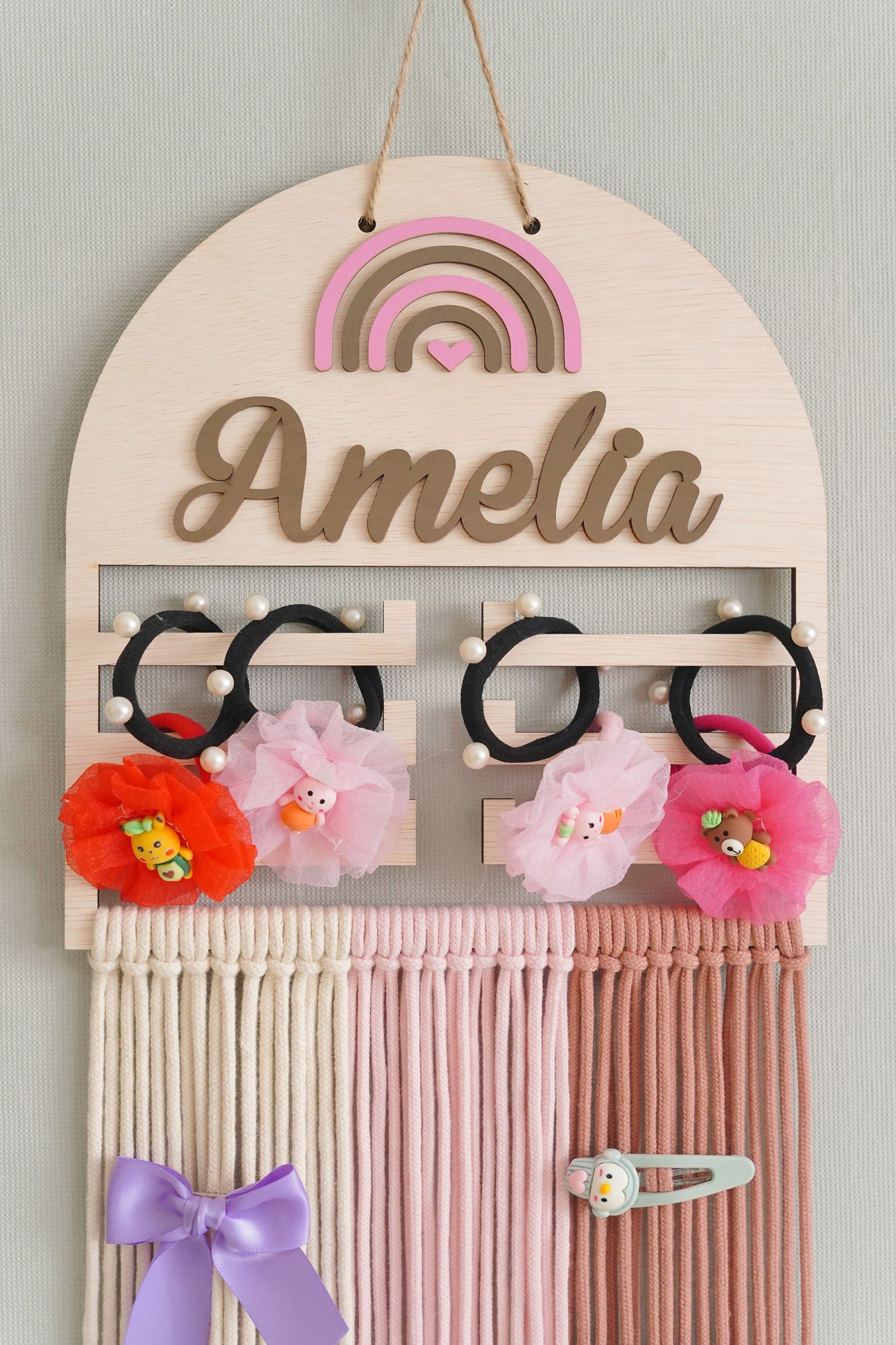 Personalized Macrame Bow Holder wood for Nursery Wall Decor H74