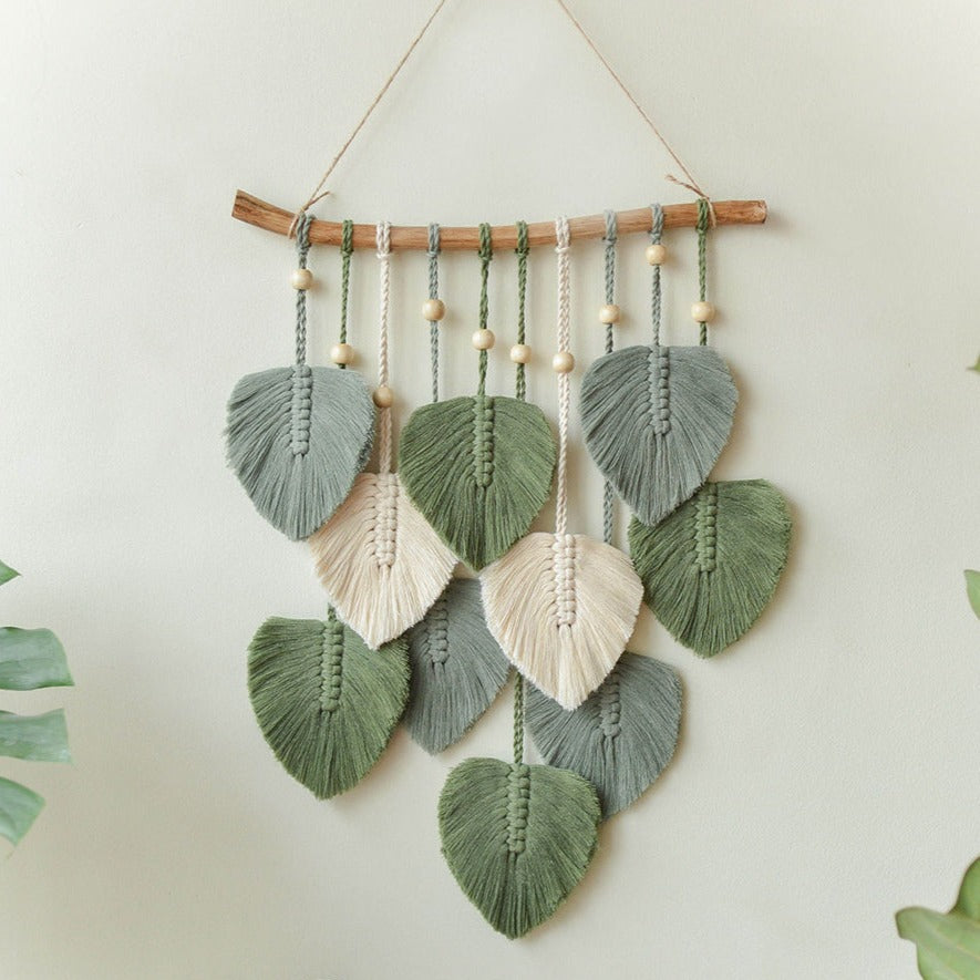 Green Leaves Macrame Wall Hanging For Farmhouse Home Decor