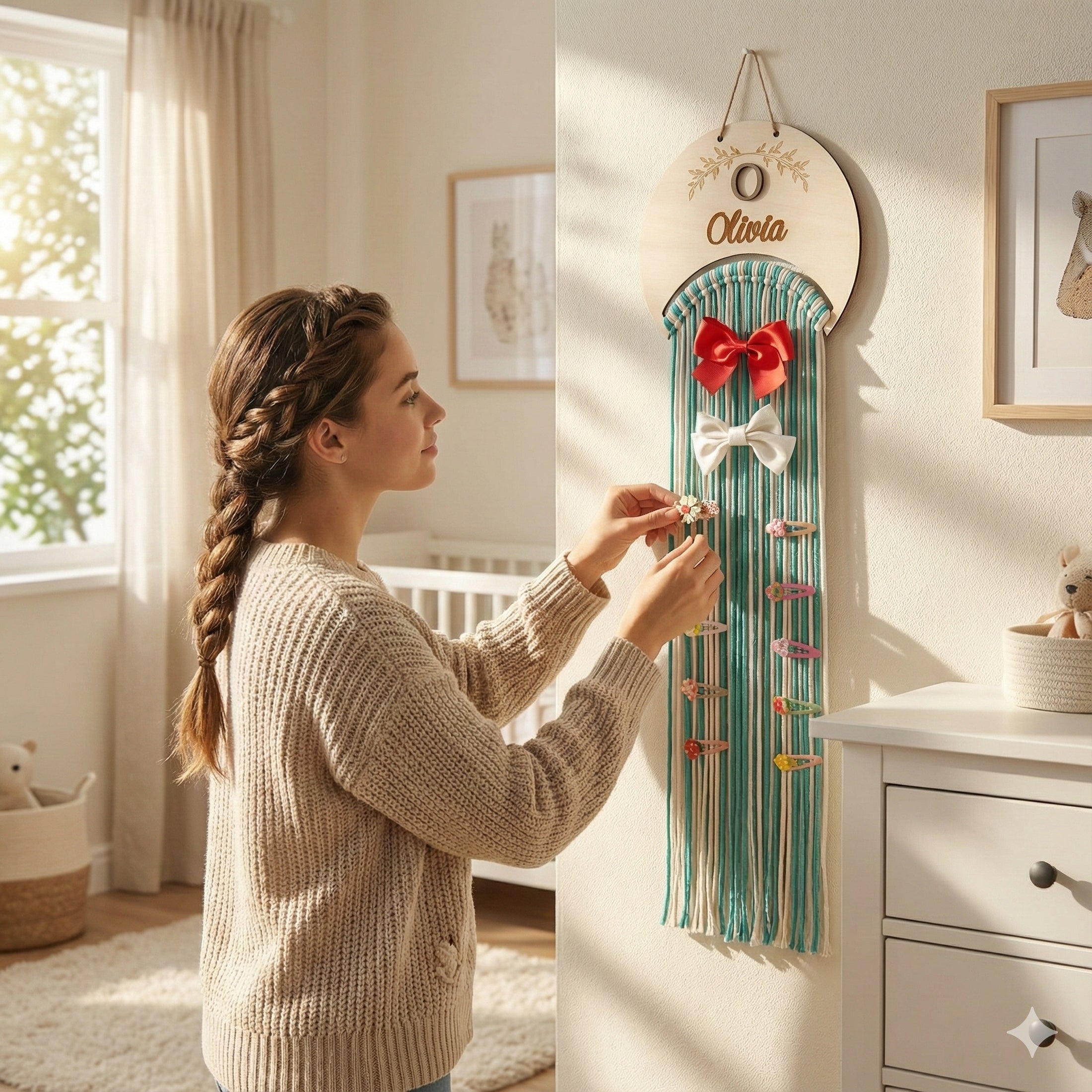 Personalized Macrame Bow Holder wood and Wall Hair Organizer H74