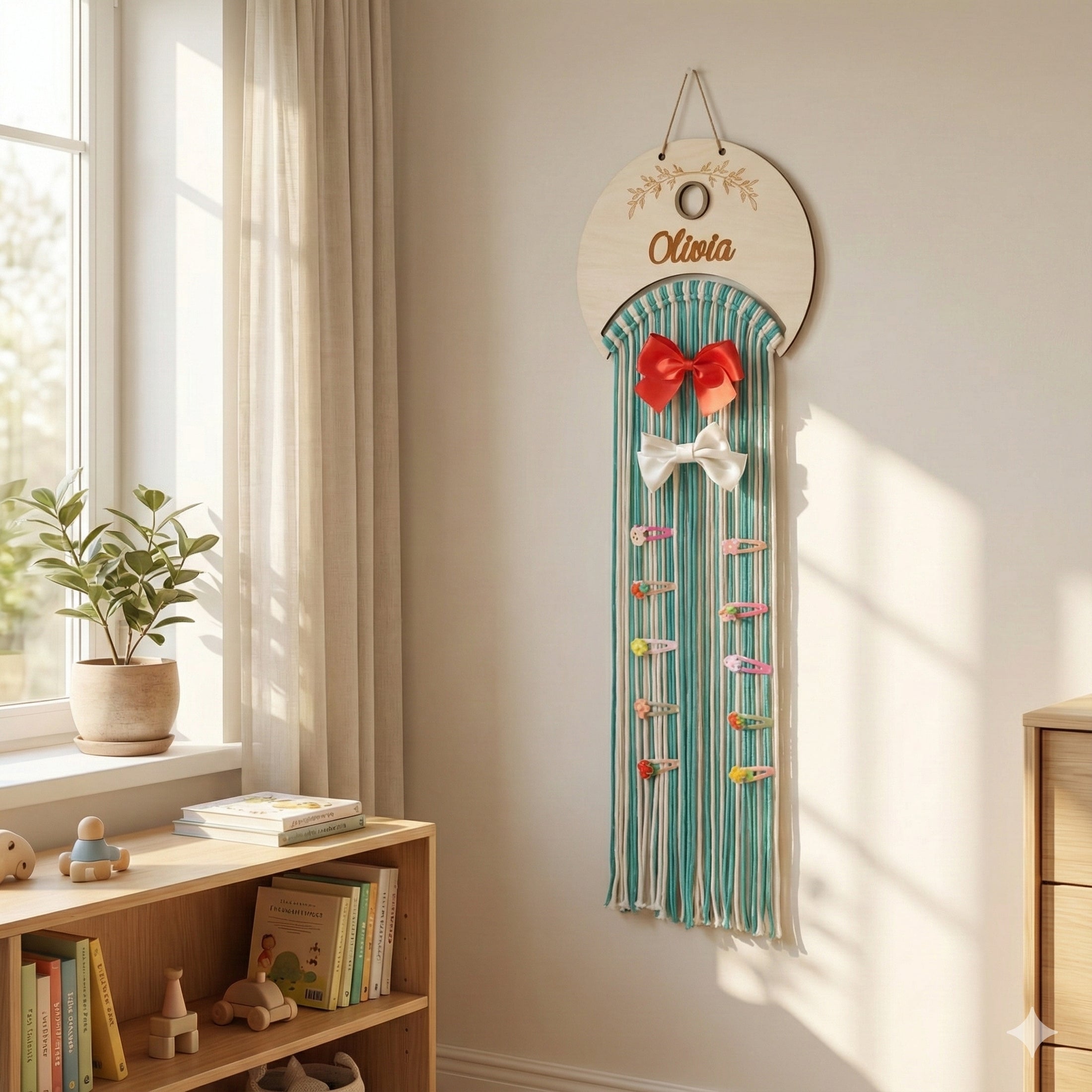 Personalized Macrame Bow Holder wood and Wall Hair Organizer H74