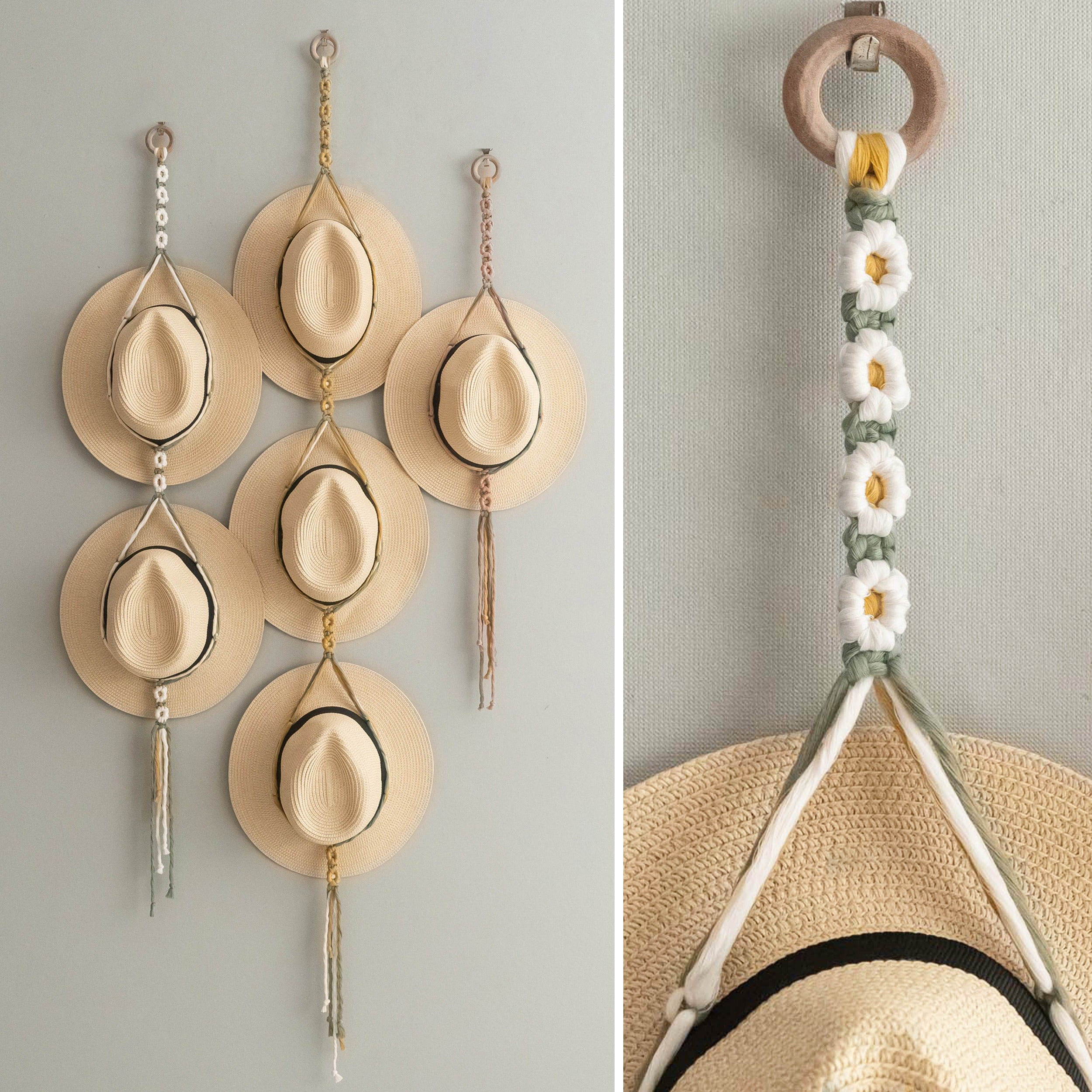 Floral Macrame Hat Hanger – Boho Wall Organizer with Daisies I89