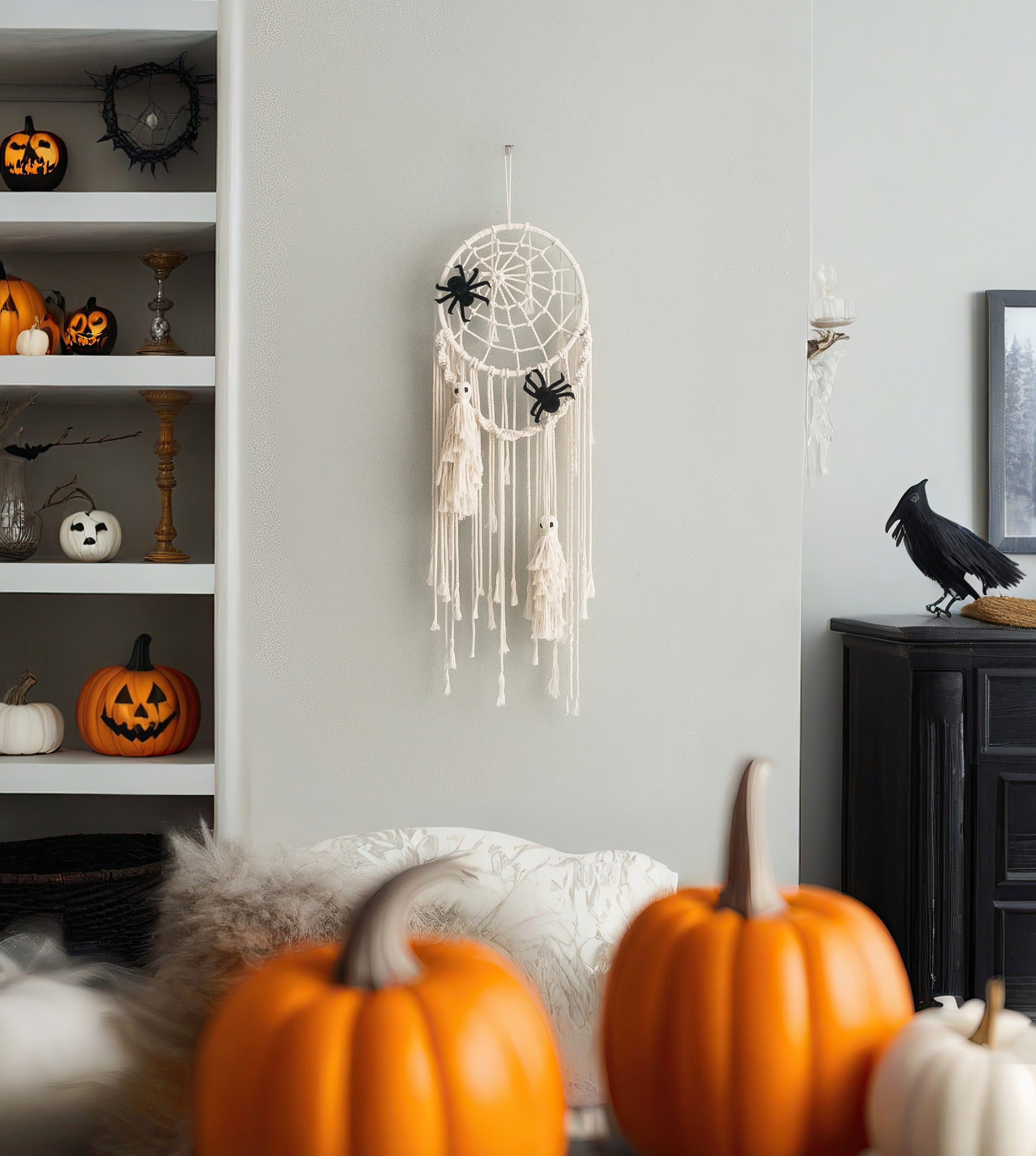 Ghost Spider Macrame Wall Hanging Halloween Wall Decor and Handmade Macrame Art U12