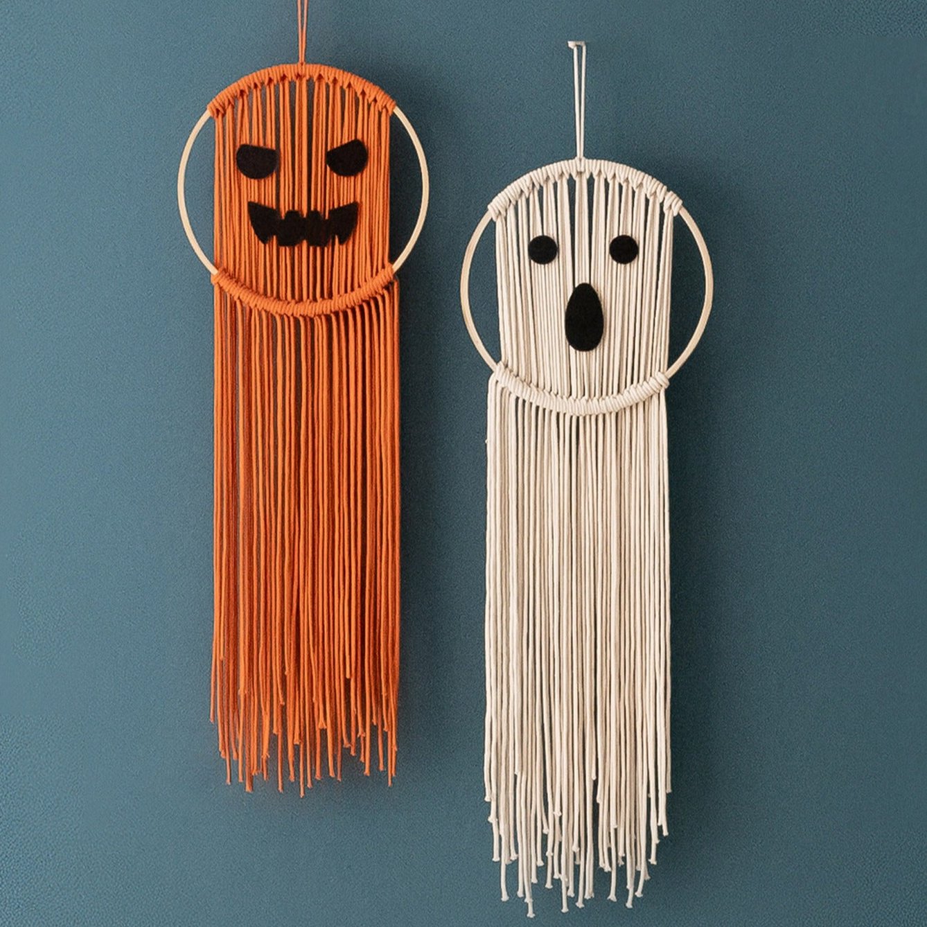 Macrame Pumpkin Ghost – Cotton Halloween Wall Hanging Decor V74