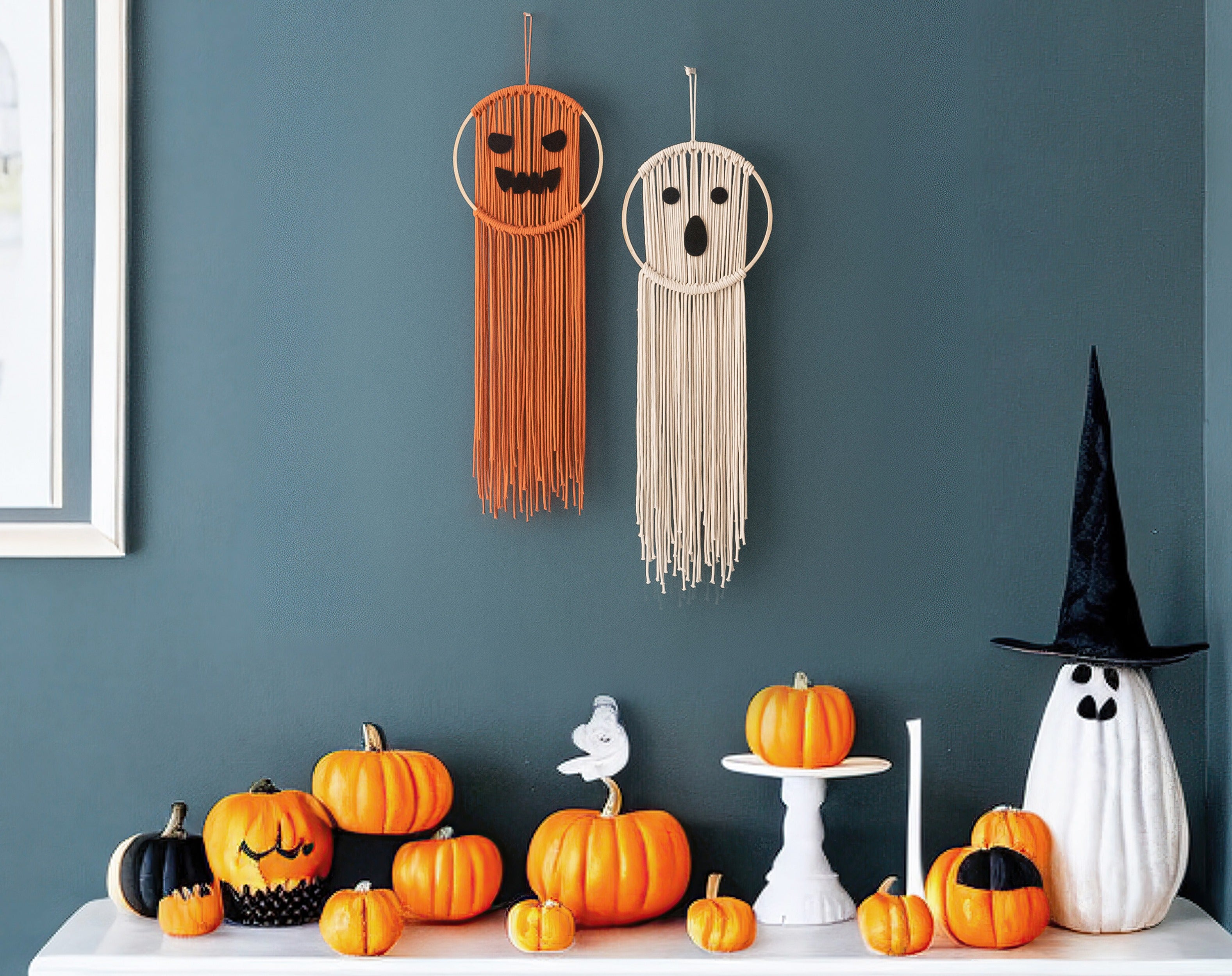 Macrame Pumpkin Ghost – Cotton Halloween Wall Hanging Decor V74