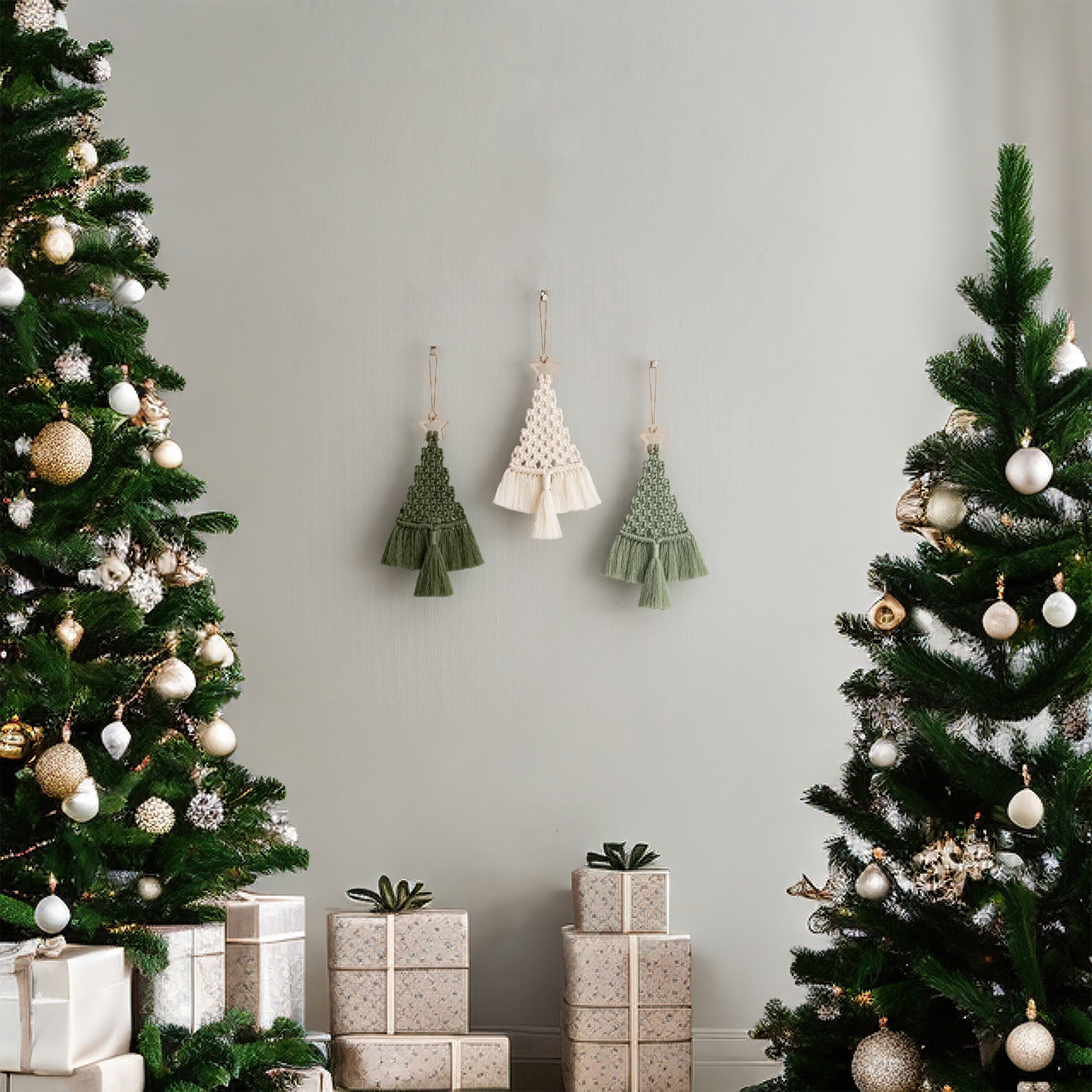 Macrame Honeycomb Tree Ornament – Boho Cotton Yarn Holiday Decor X05