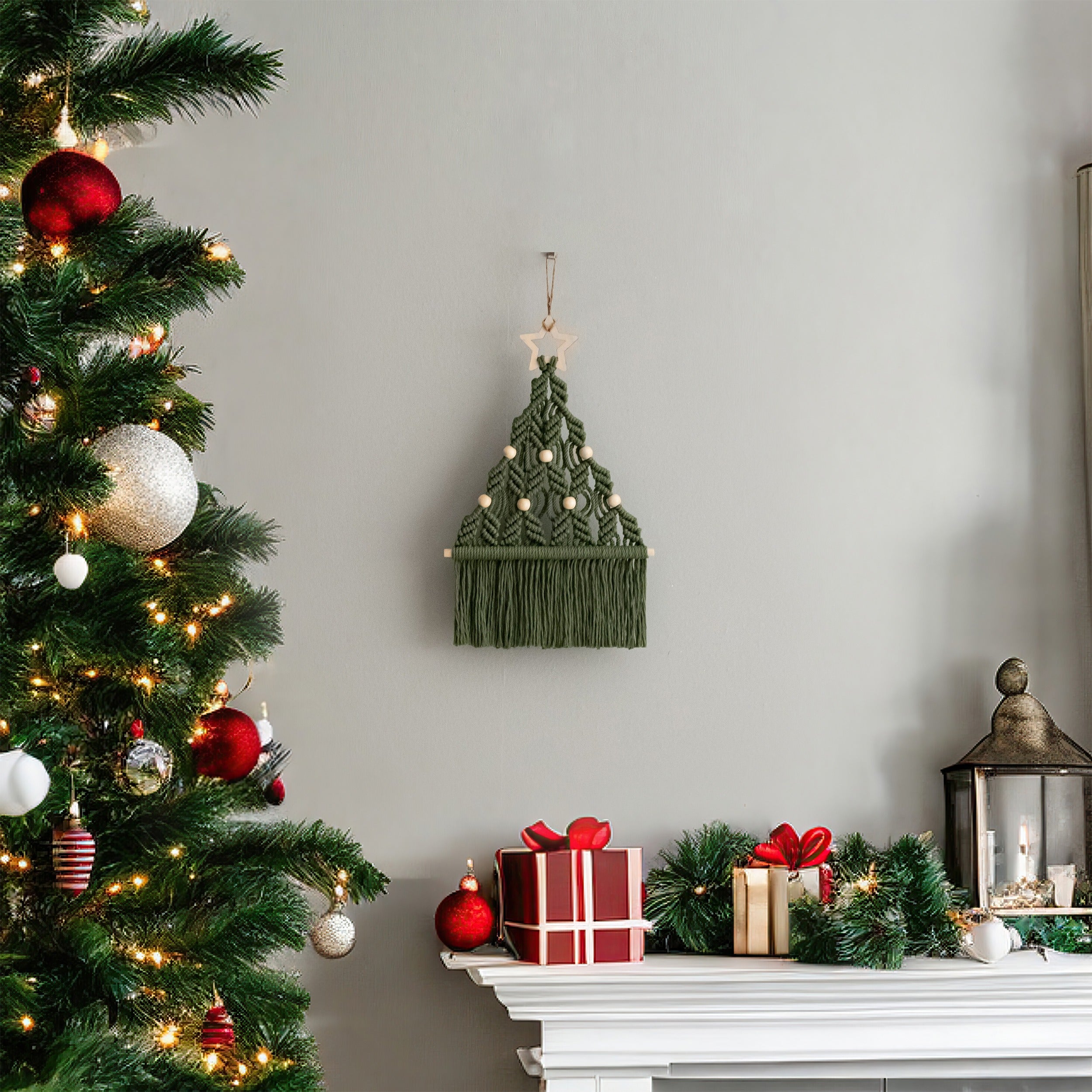 Macrame Beaded Christmas Tree Ornament – Rustic Cotton Cord Decor X08