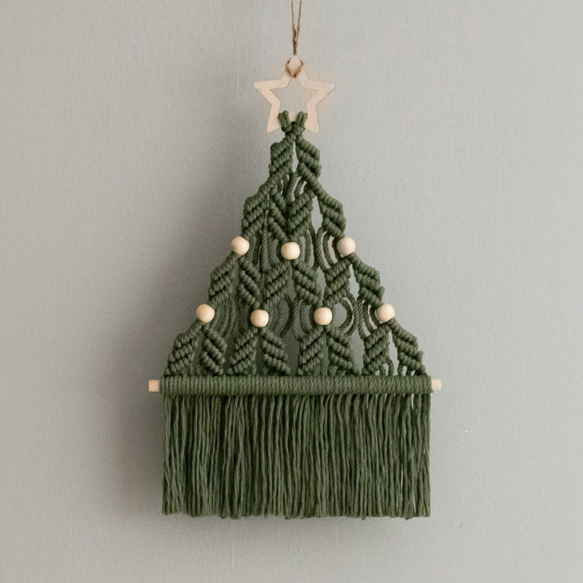 Macrame Beaded Christmas Tree Ornament – Rustic Cotton Cord Decor X08
