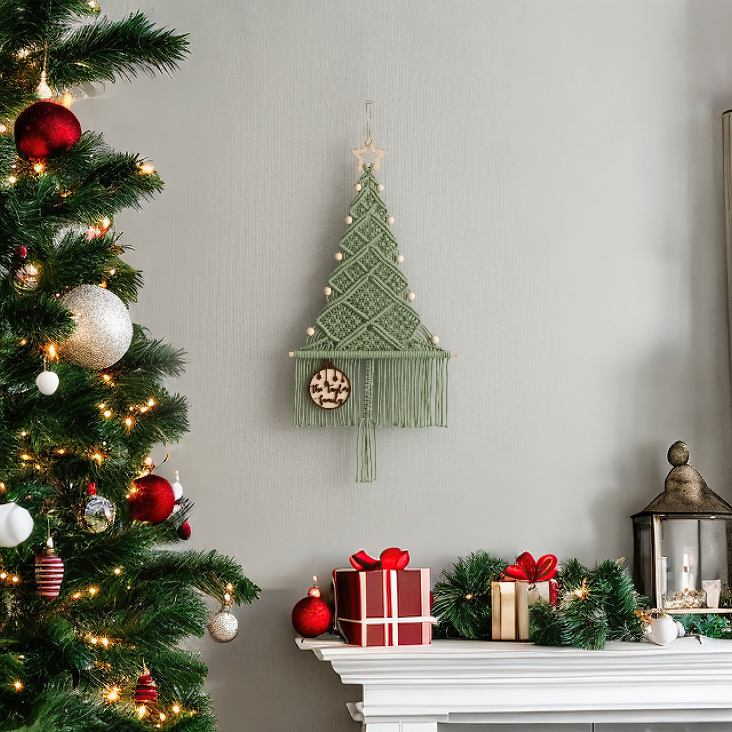 Macrame Beaded Christmas Tree Ornament – Rustic Cotton Cord Decor X33