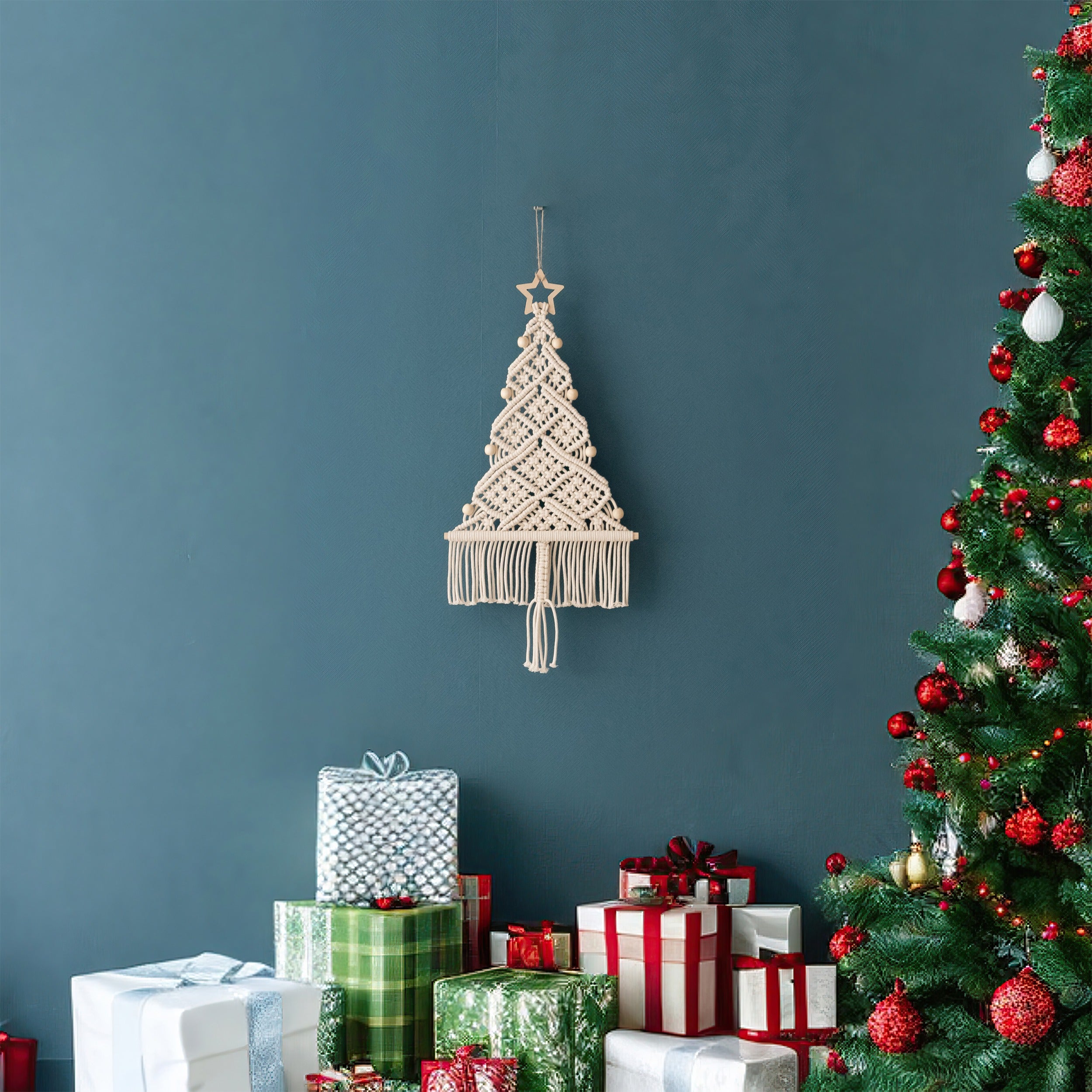 Macrame Beaded Christmas Tree Ornament – Rustic Cotton Cord Decor X33