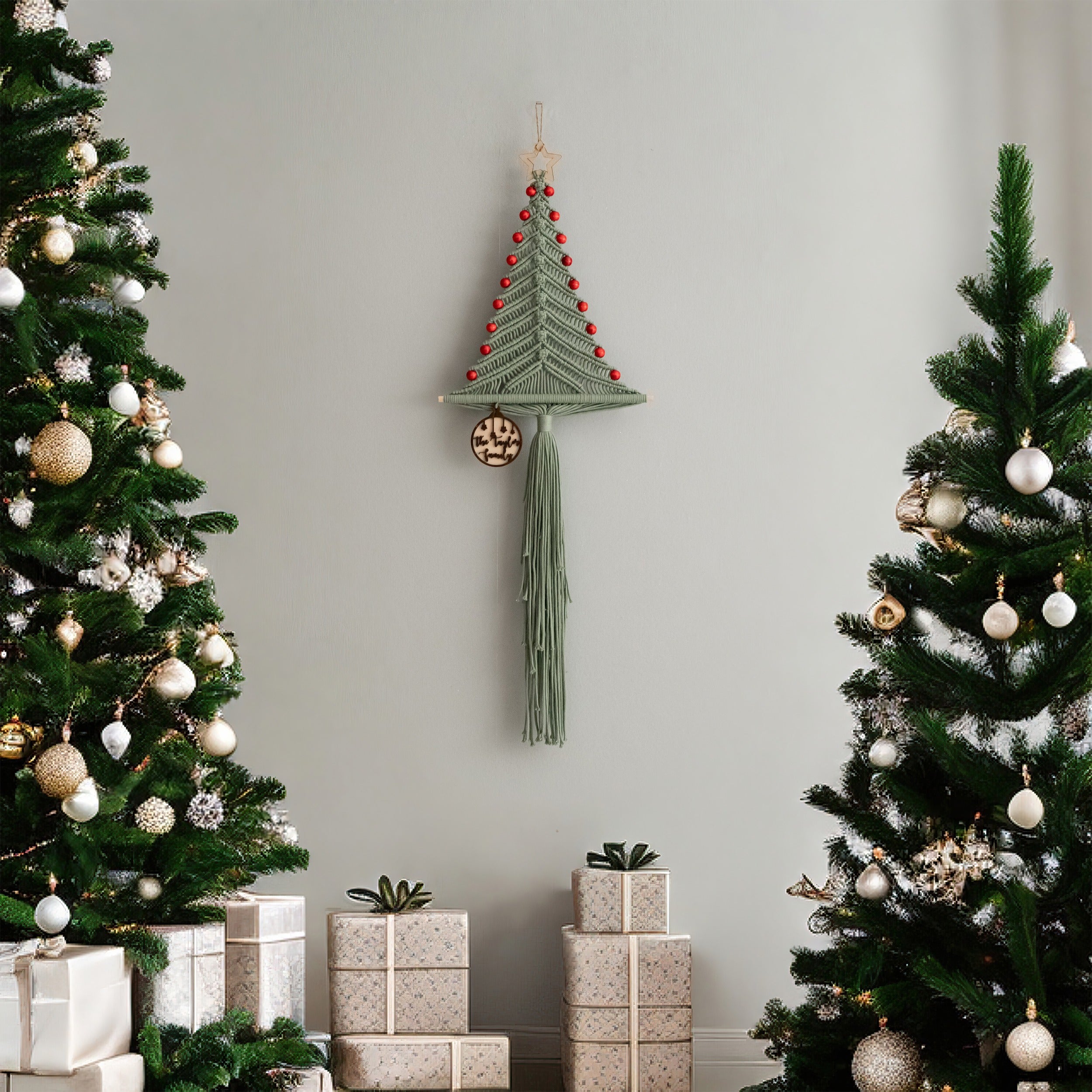 Macrame Christmas Tree with Red Beads – Boho Wall Decor Gift X62