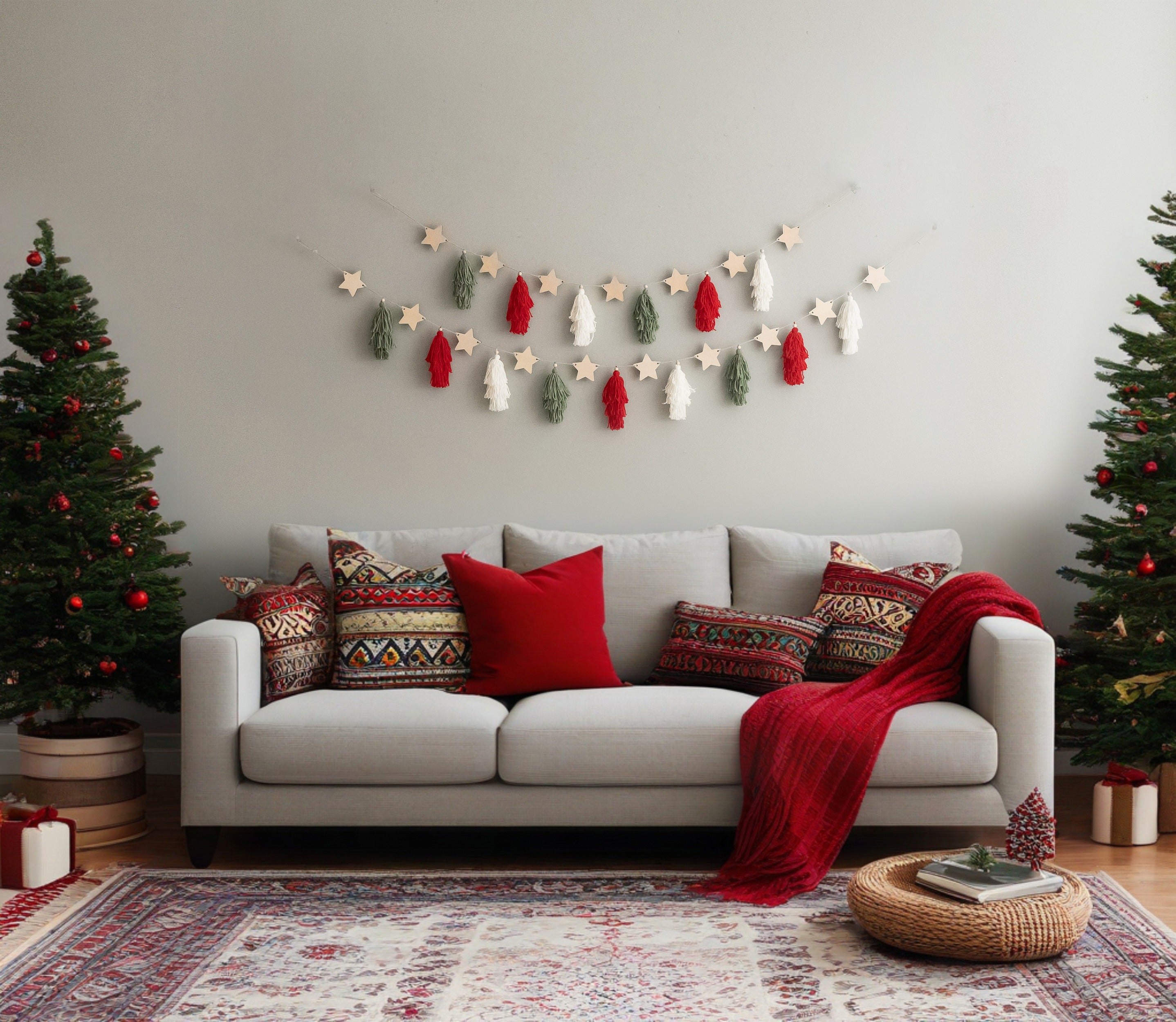 Macrame Christmas Garland with Wooden Stars for Wall Decor X68