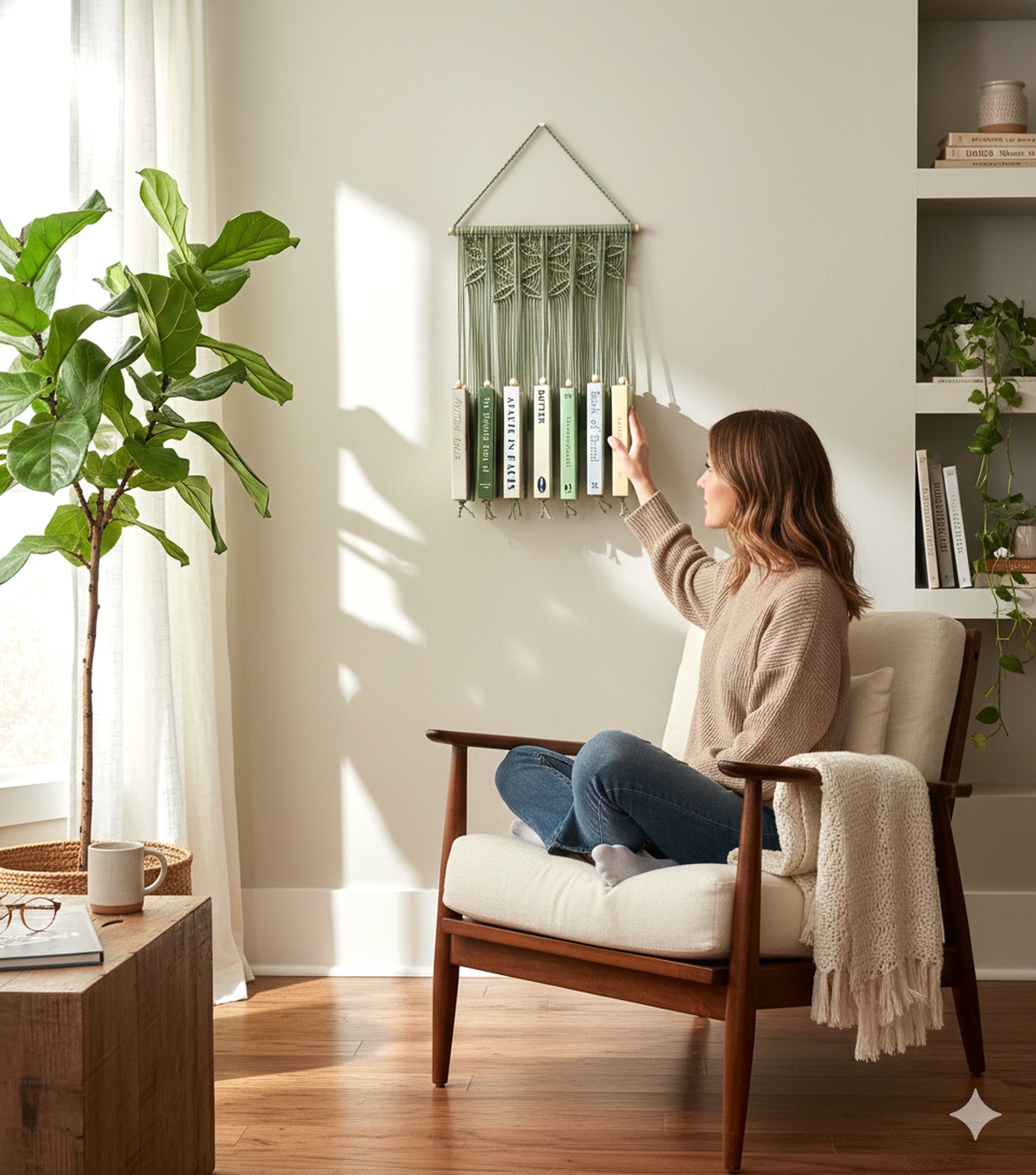 Macrame Book Holder – Boho Wall Hanging Bookshelf I40