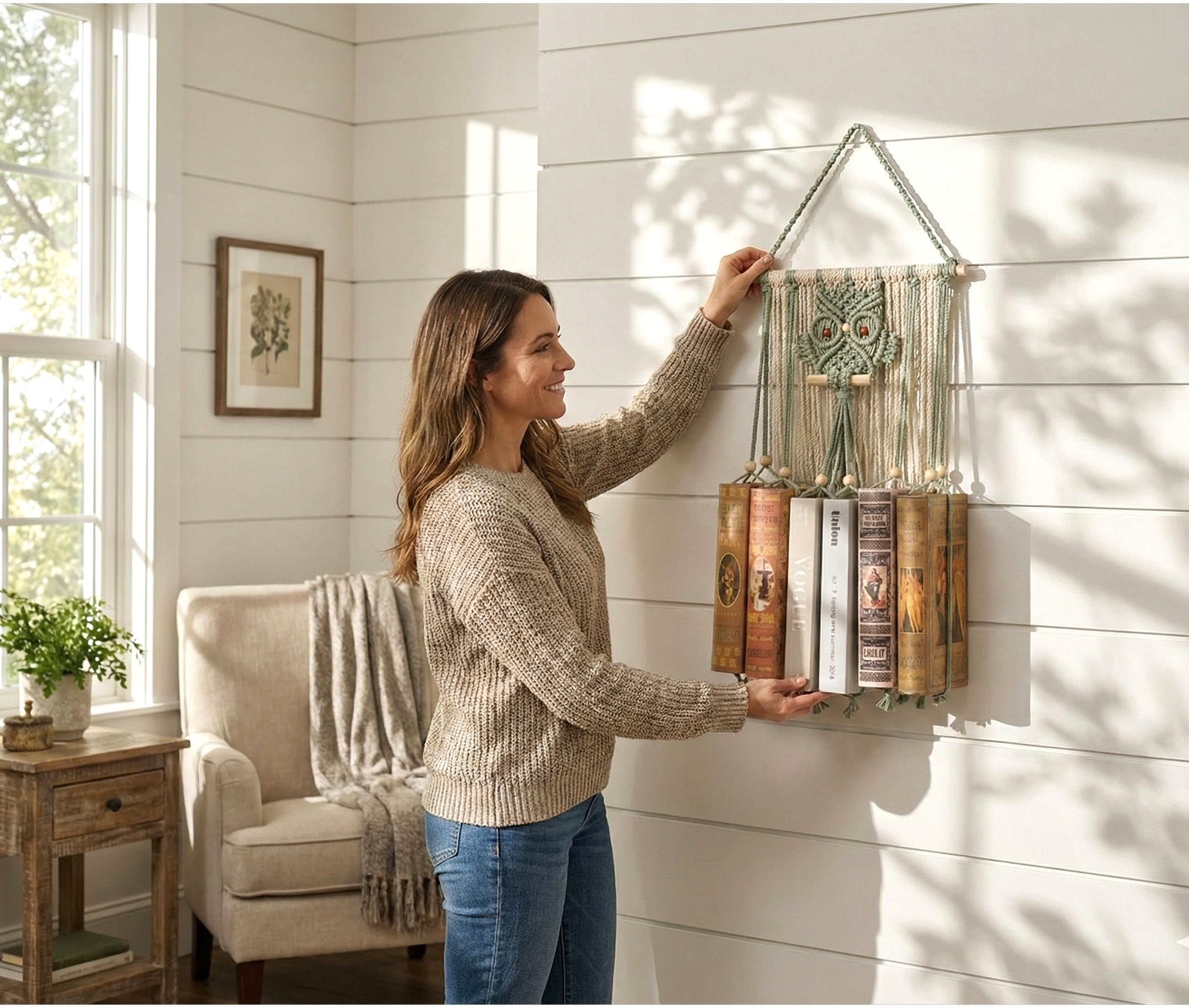 Macrame Owl Book Hanger – Hanging Bookshelf with Owl Design H76