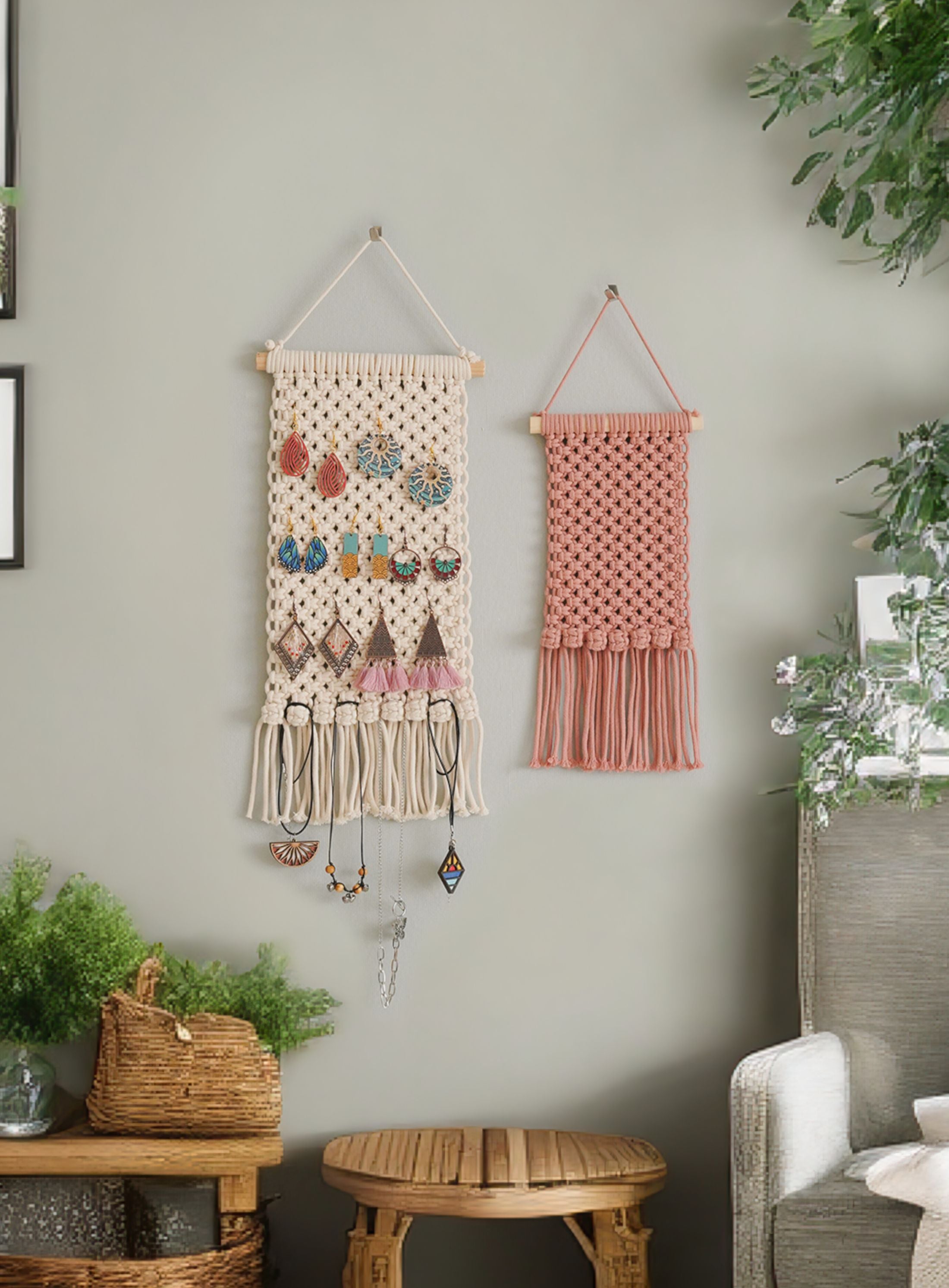 Macrame Earring Holder – Boho Jewelry Organizer Wall Hanging H83