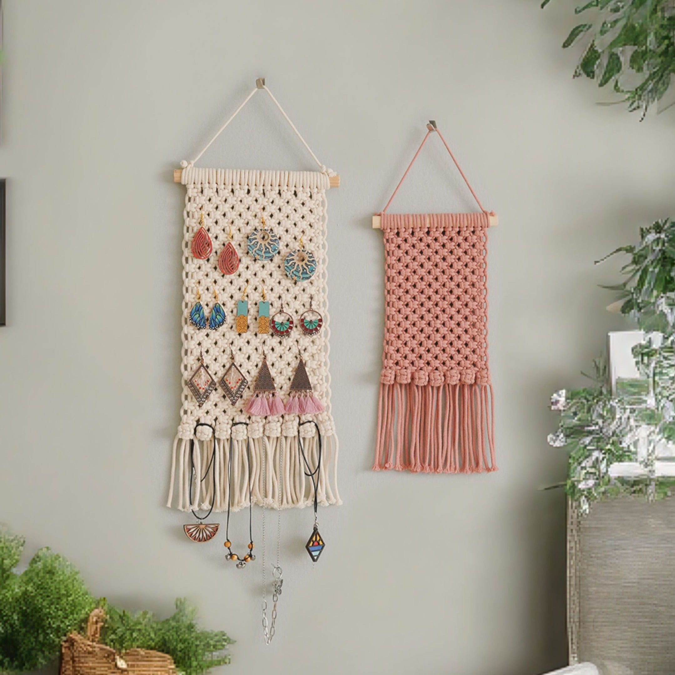 Macrame Earring Holder – Boho Jewelry Organizer Wall Hanging H83