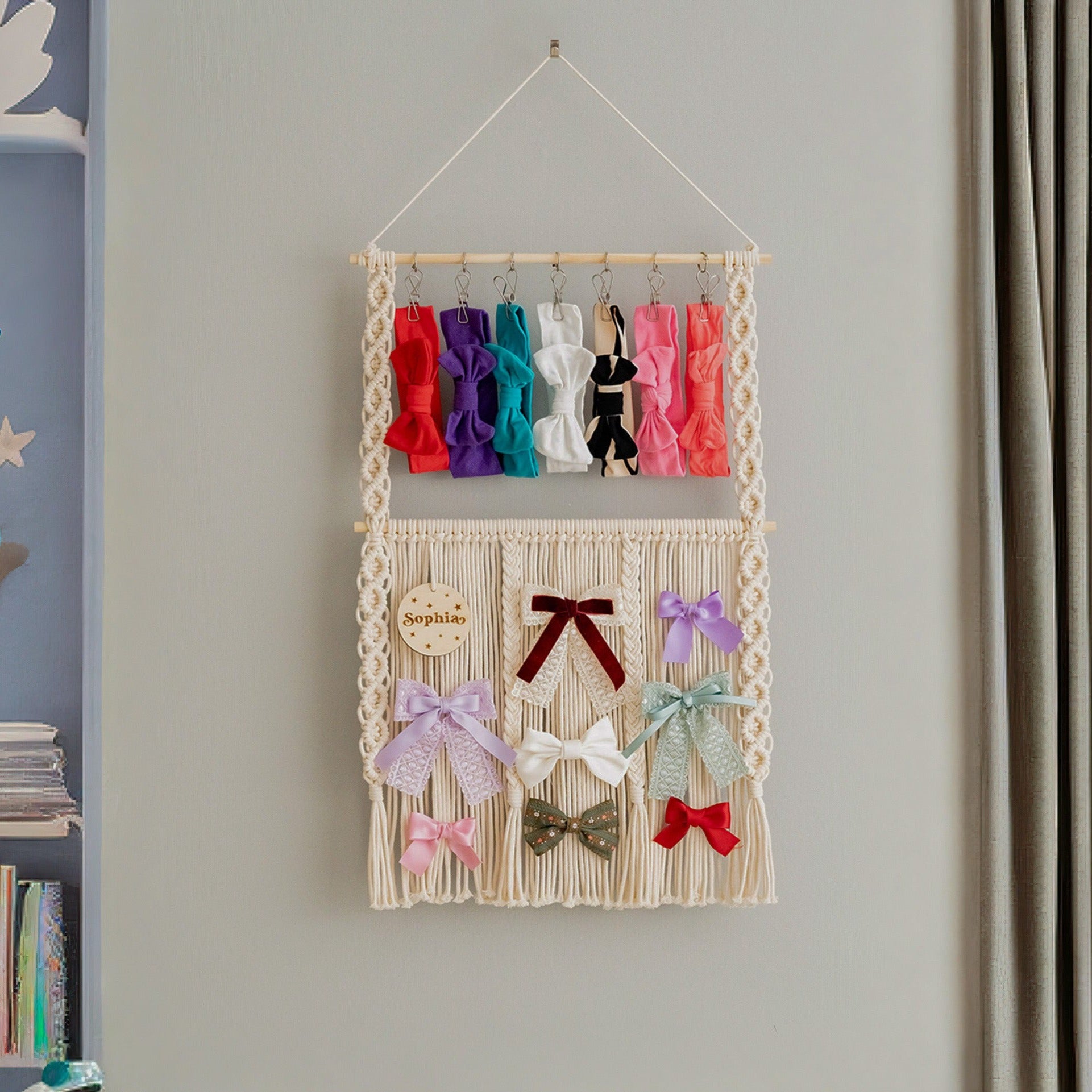 Macrame Hair Bow Holder – Personalized Boho Wall Bow Organizer I59