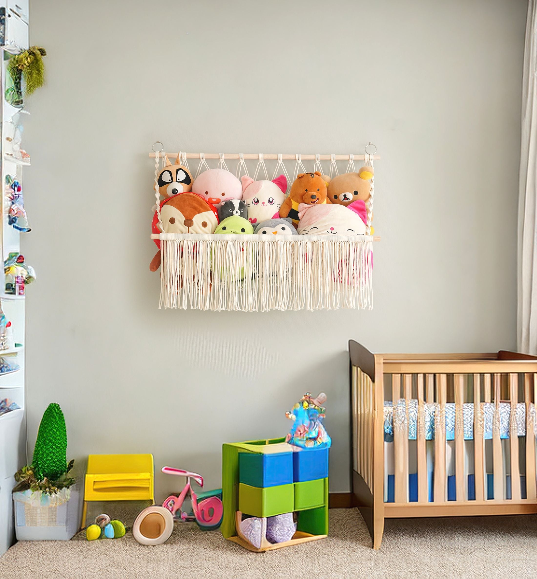Macrame Toy Storage Hammock for Stuffed Animal Wall Storage H24