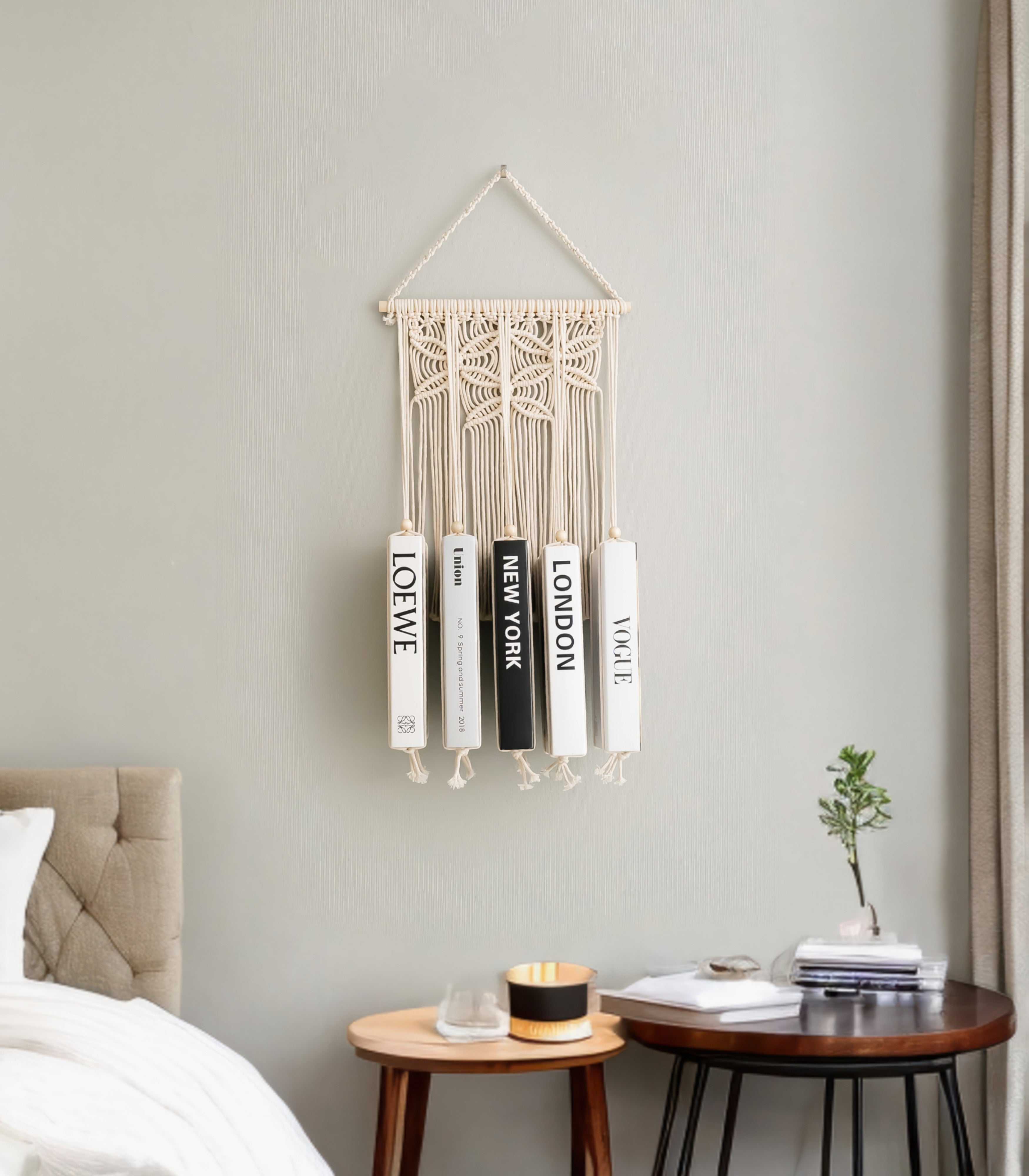 Macrame Book Holder – Boho Wall Hanging Bookshelf I40
