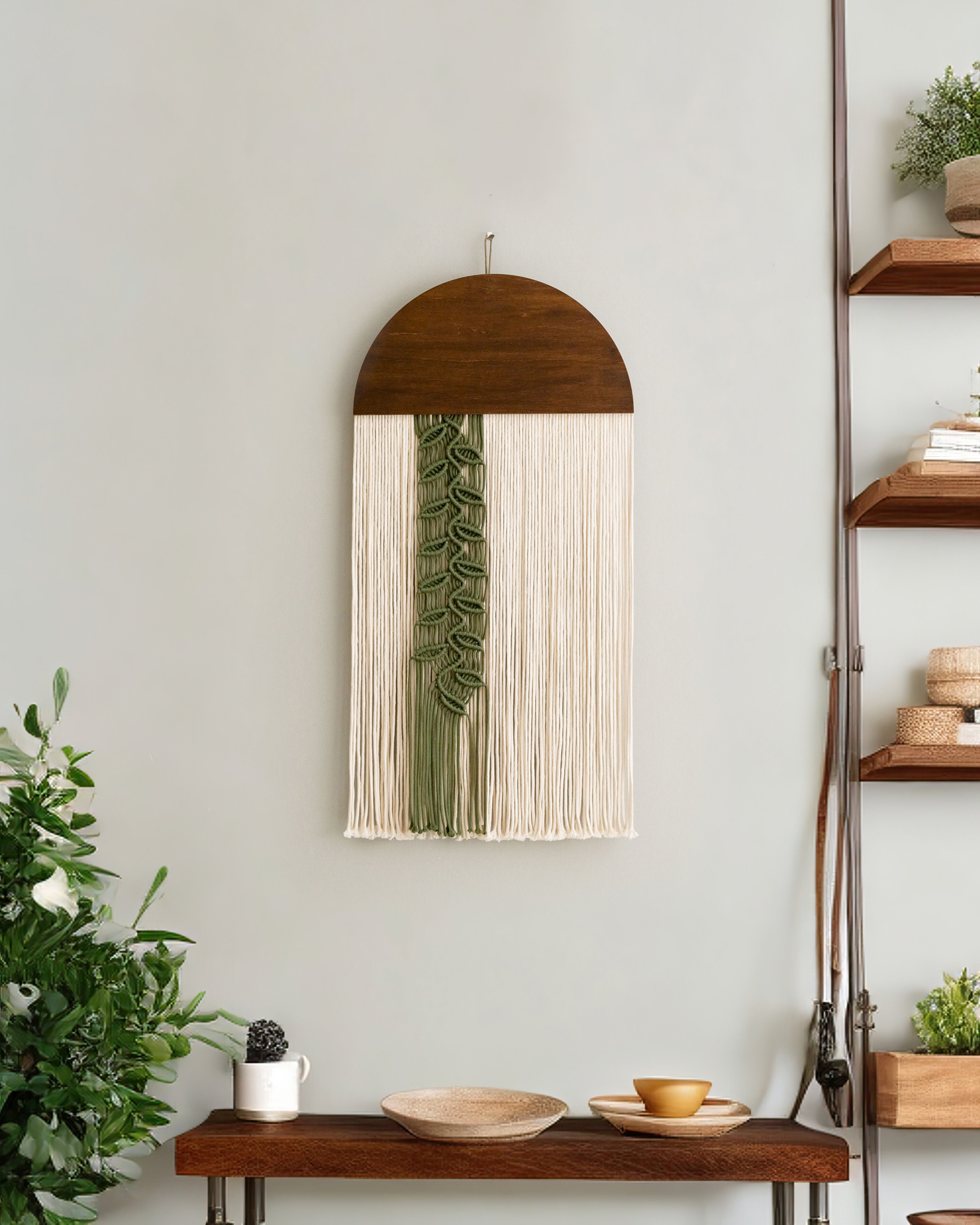 Round with Leaf Cord macrame wall hanging for boho wall art V48