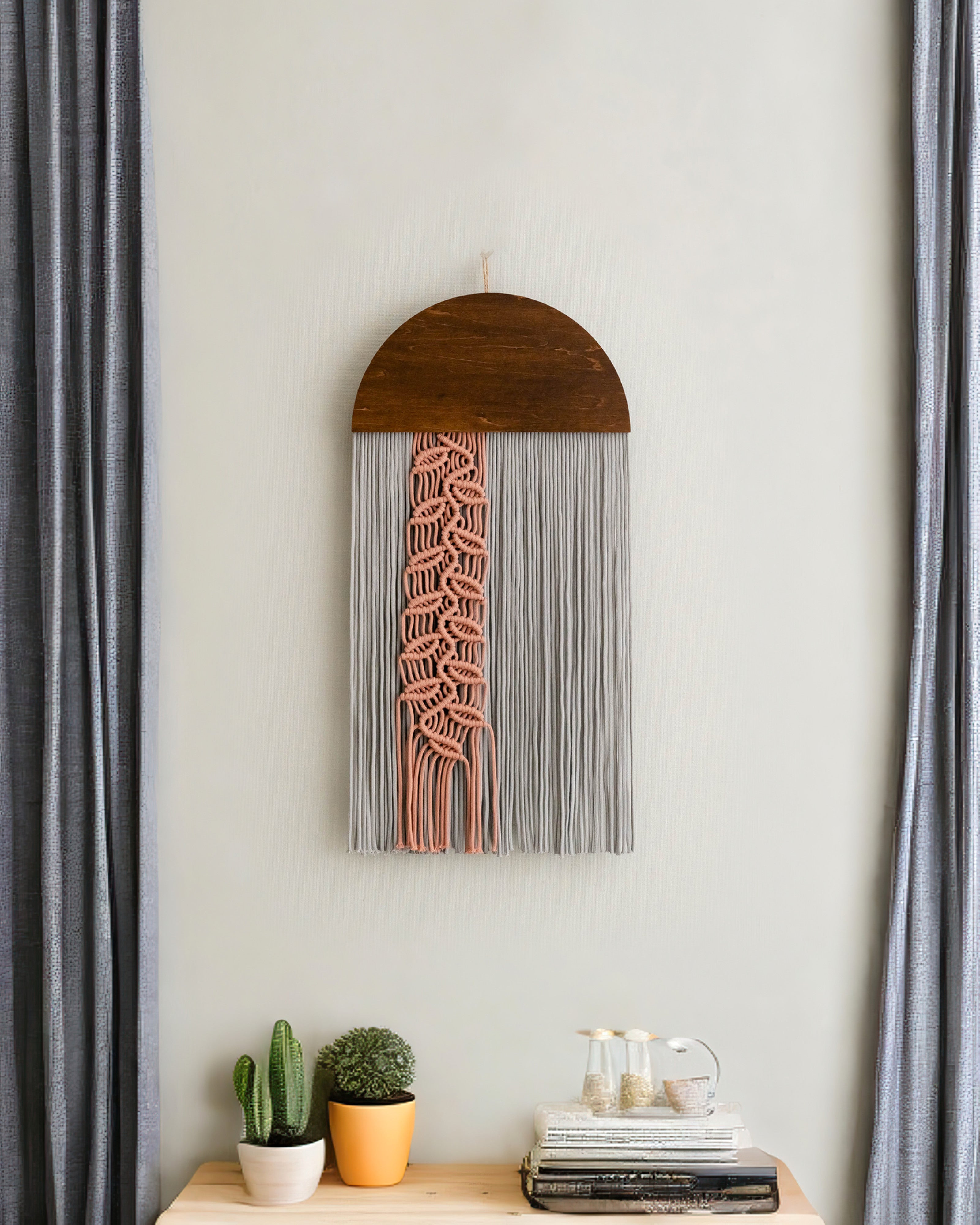 Botanical Macrame Wall Hanging - Round Wall Art with Leaf Cord V48