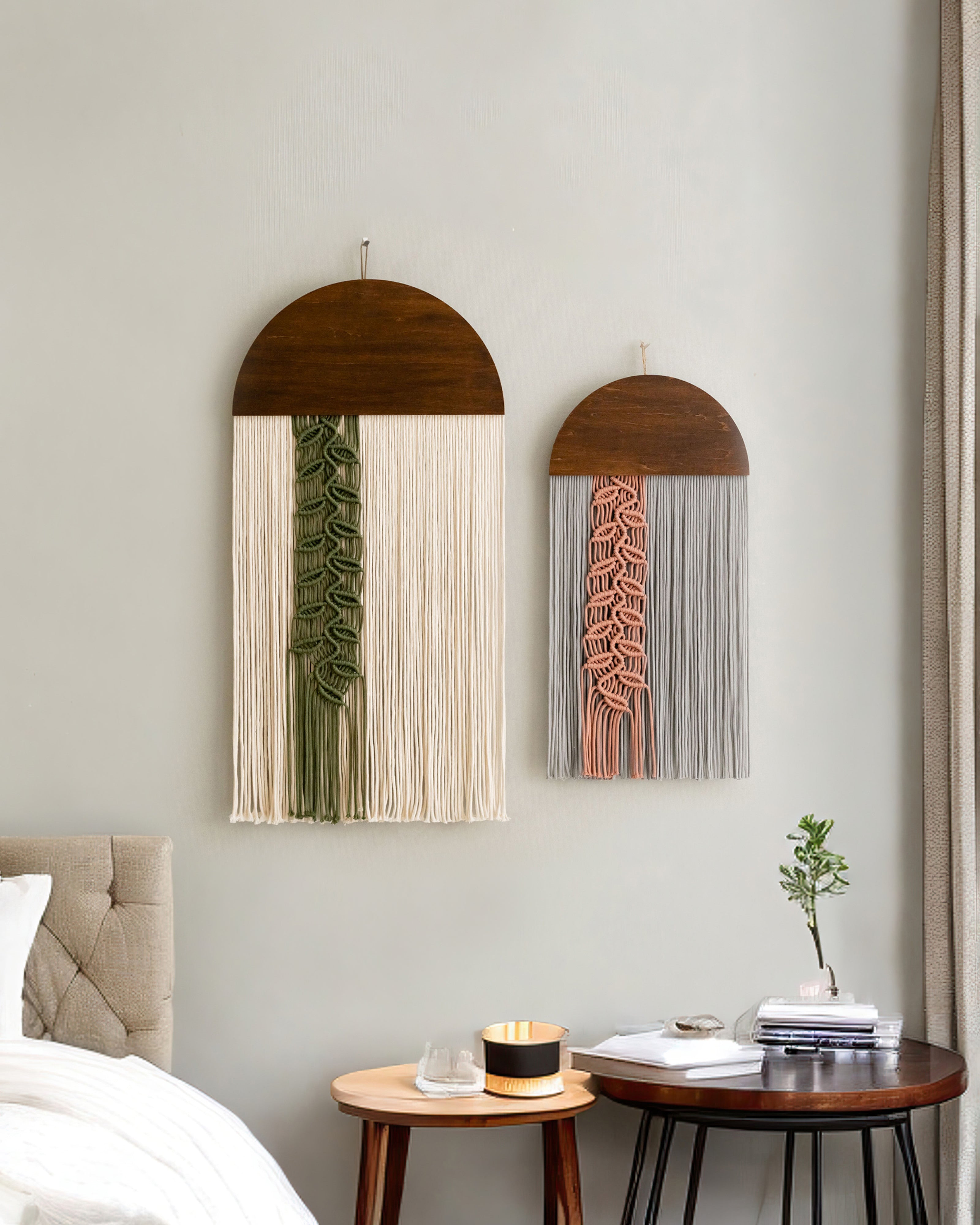 Botanical Macrame Wall Hanging - Round Wall Art with Leaf Cord V48