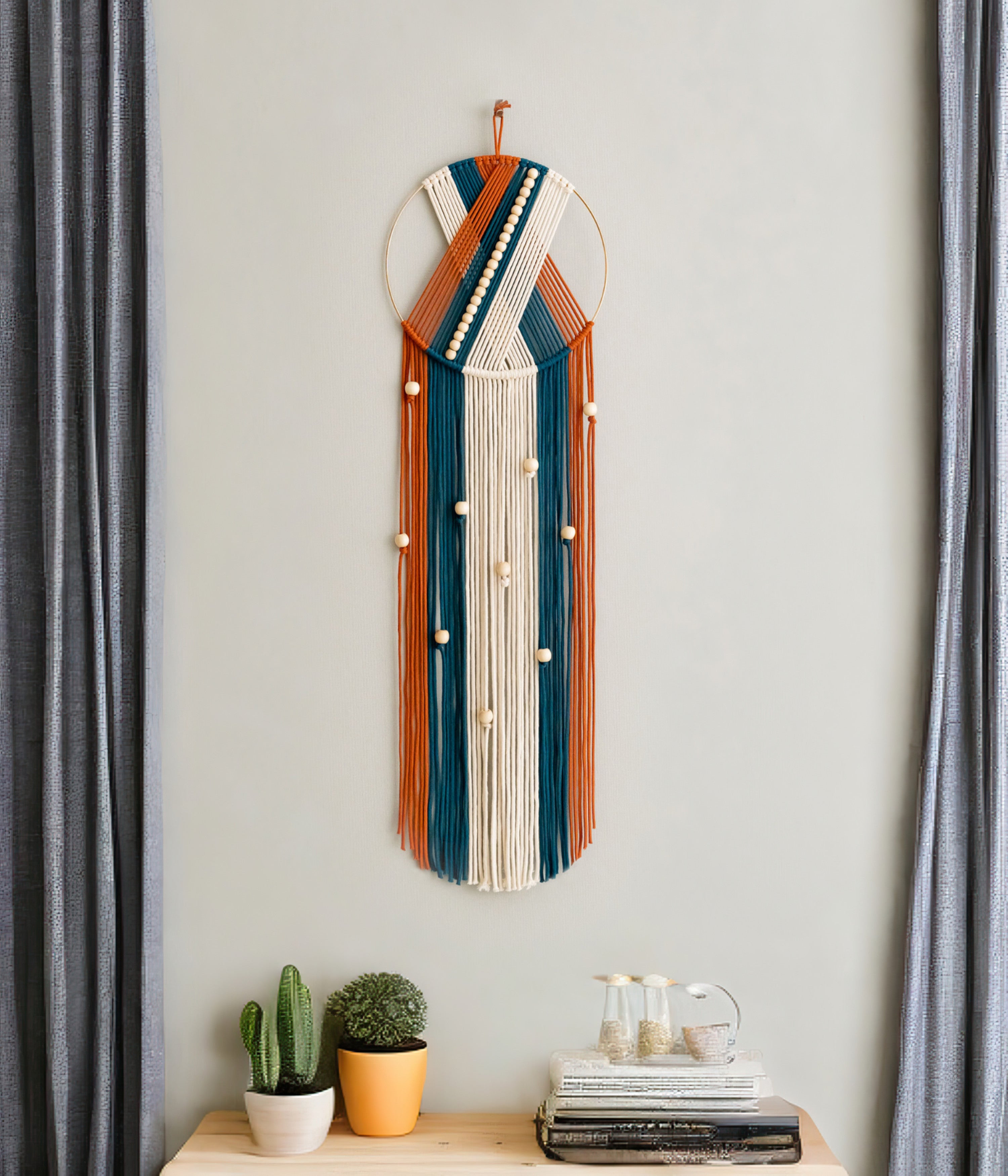 Macrame Dreamcatcher with Wooden Beads for Boho Wall Art V50