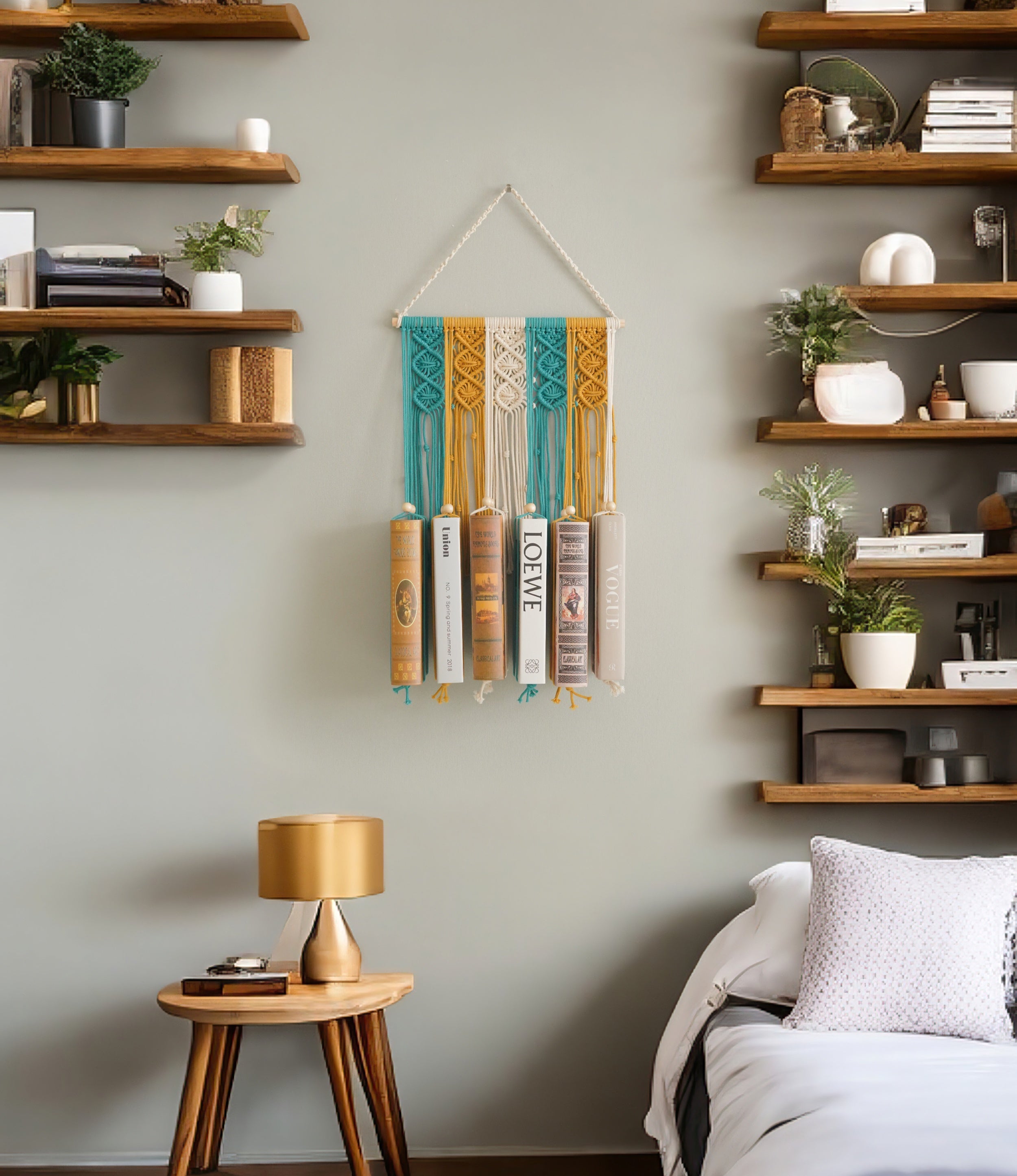 Macrame Book Holder with Wooden Stick for Wall Book Storage I33