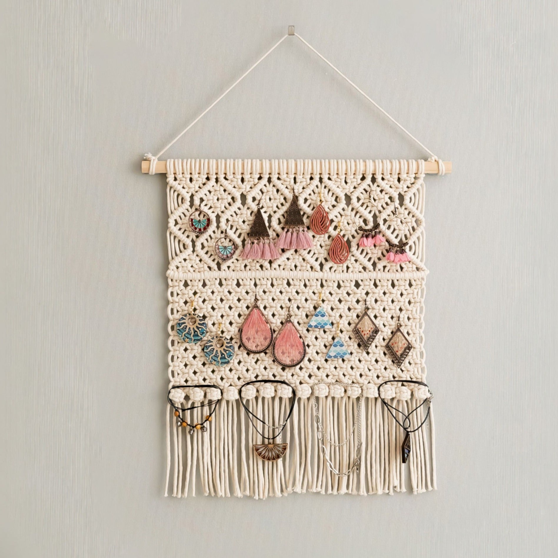 Boho Macrame Jewelry Organizer for Earrings and Necklaces