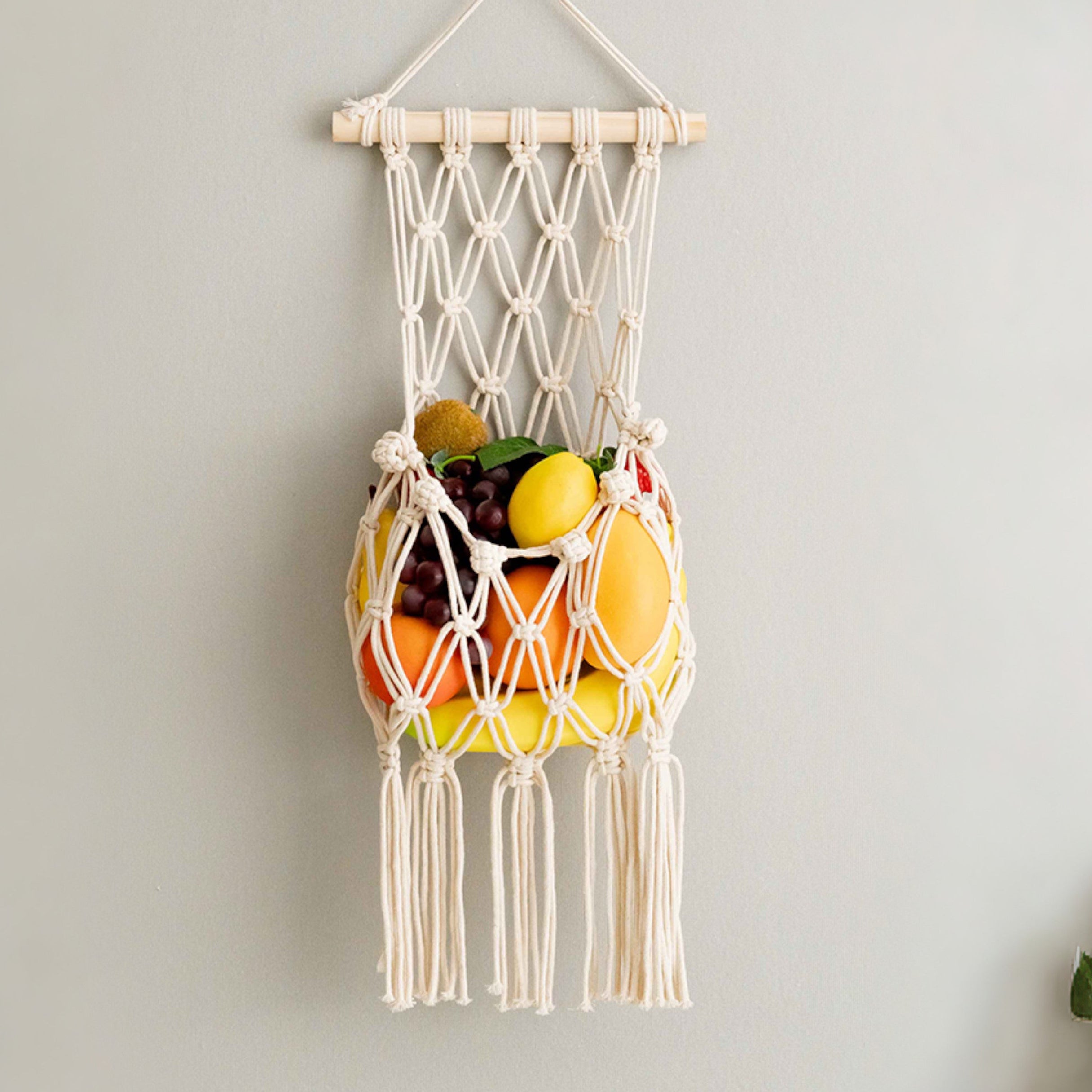 Macrame Fruit Wall Hanger – Boho Cotton Rope Organizer I38