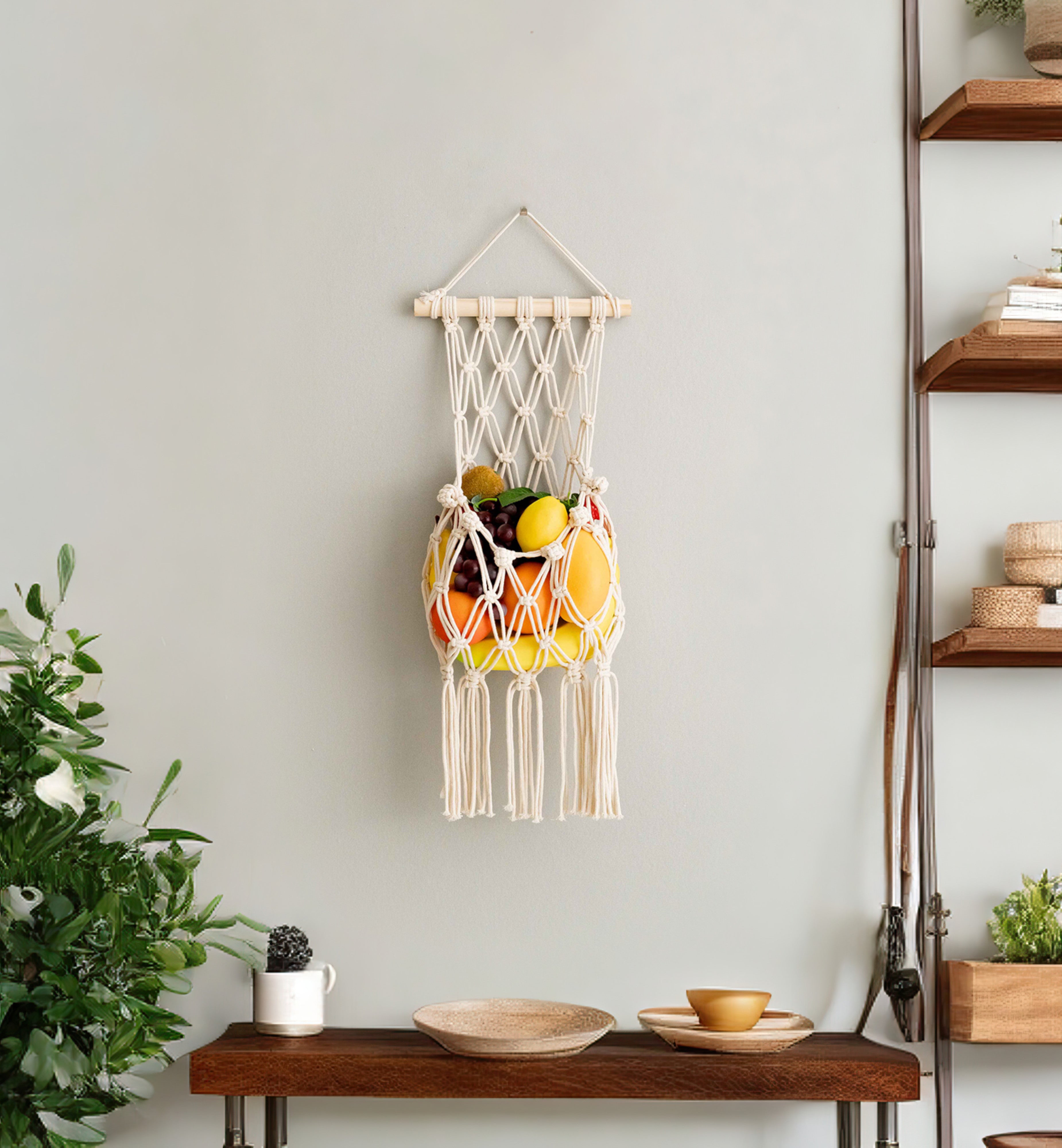 Macrame Fruit Wall Hanger – Boho Cotton Rope Organizer I38
